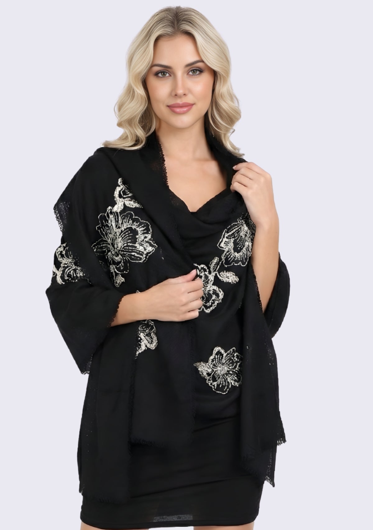 Black cashmere scarf with black and silver appliques