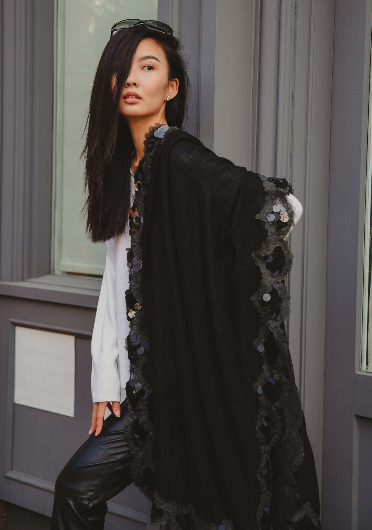 Black cashmere scarf with black sequin and frill