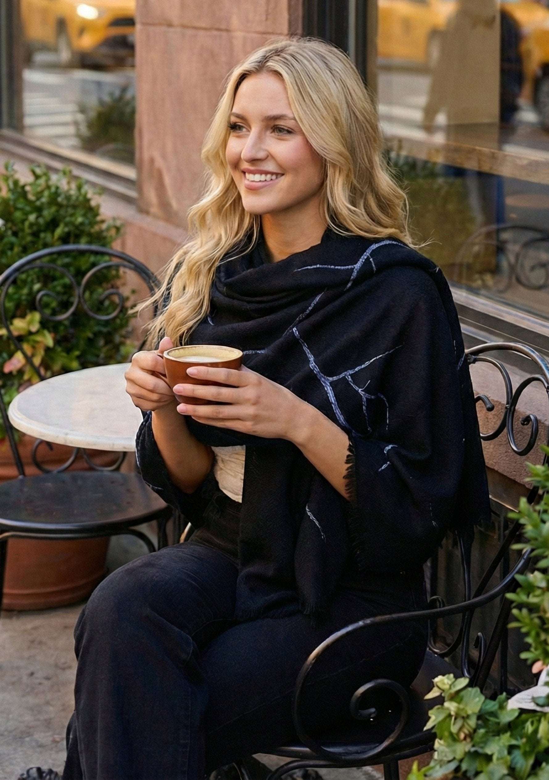 Black cashmere scarf with steel gray embroidery