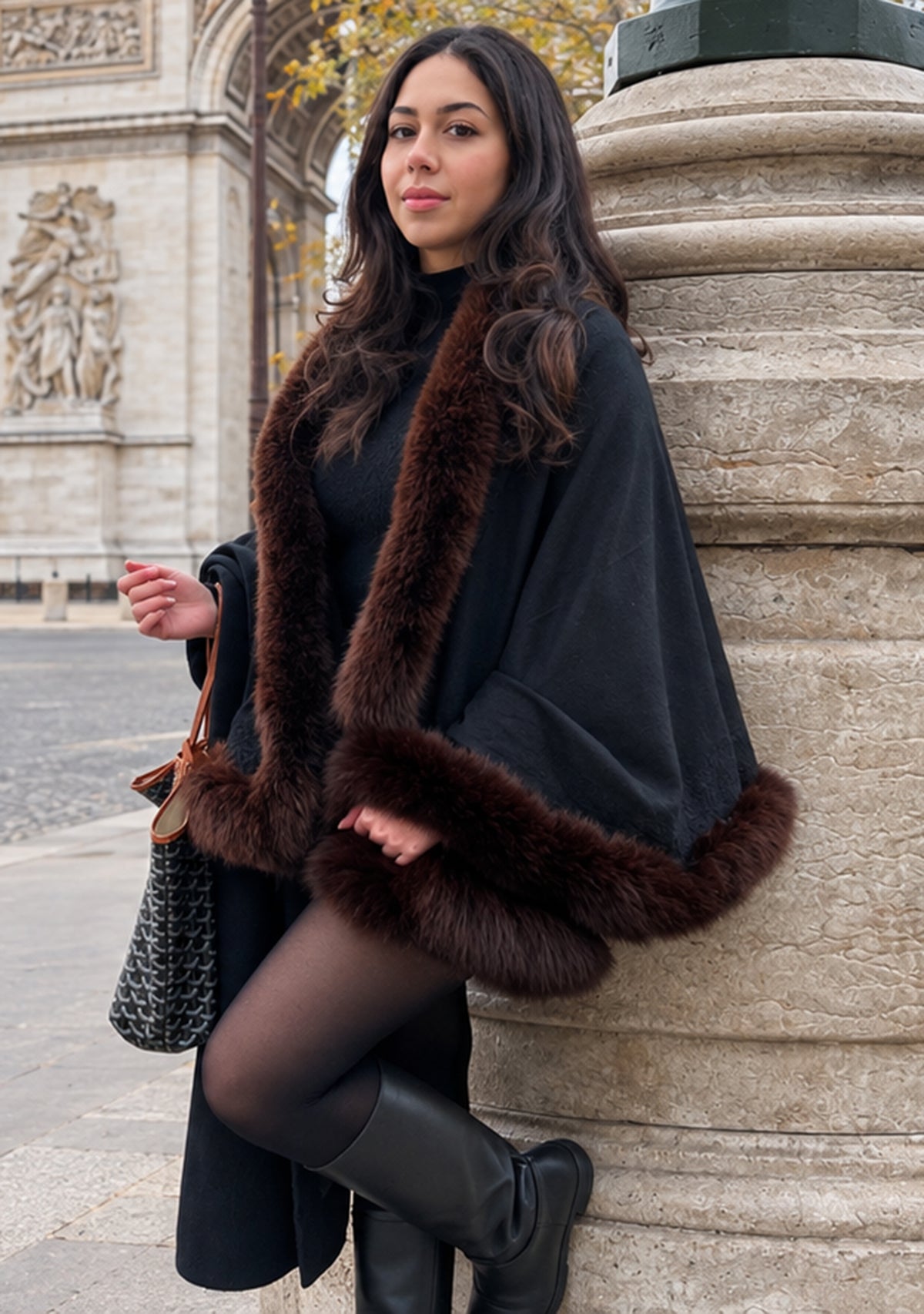 Maneesha Ruia Celine Black Cashmere Wrap with brown fox fur trim and black floral lace edging