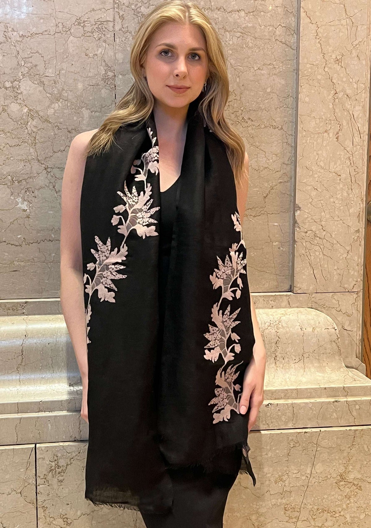 Black linen and modal scarf with light copper lace