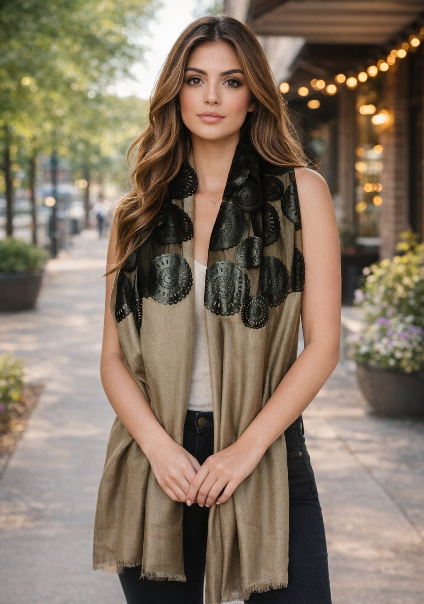 Taupe Modal Scarf Black Faux Leather Applique