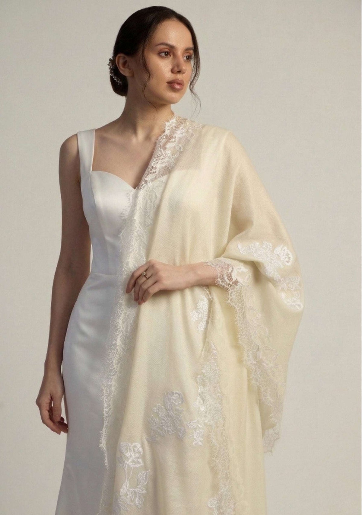 Maneesha Ruia ivory cashmere bridal scarf with white floral embroidery and filigree lace, luxury wedding scarf