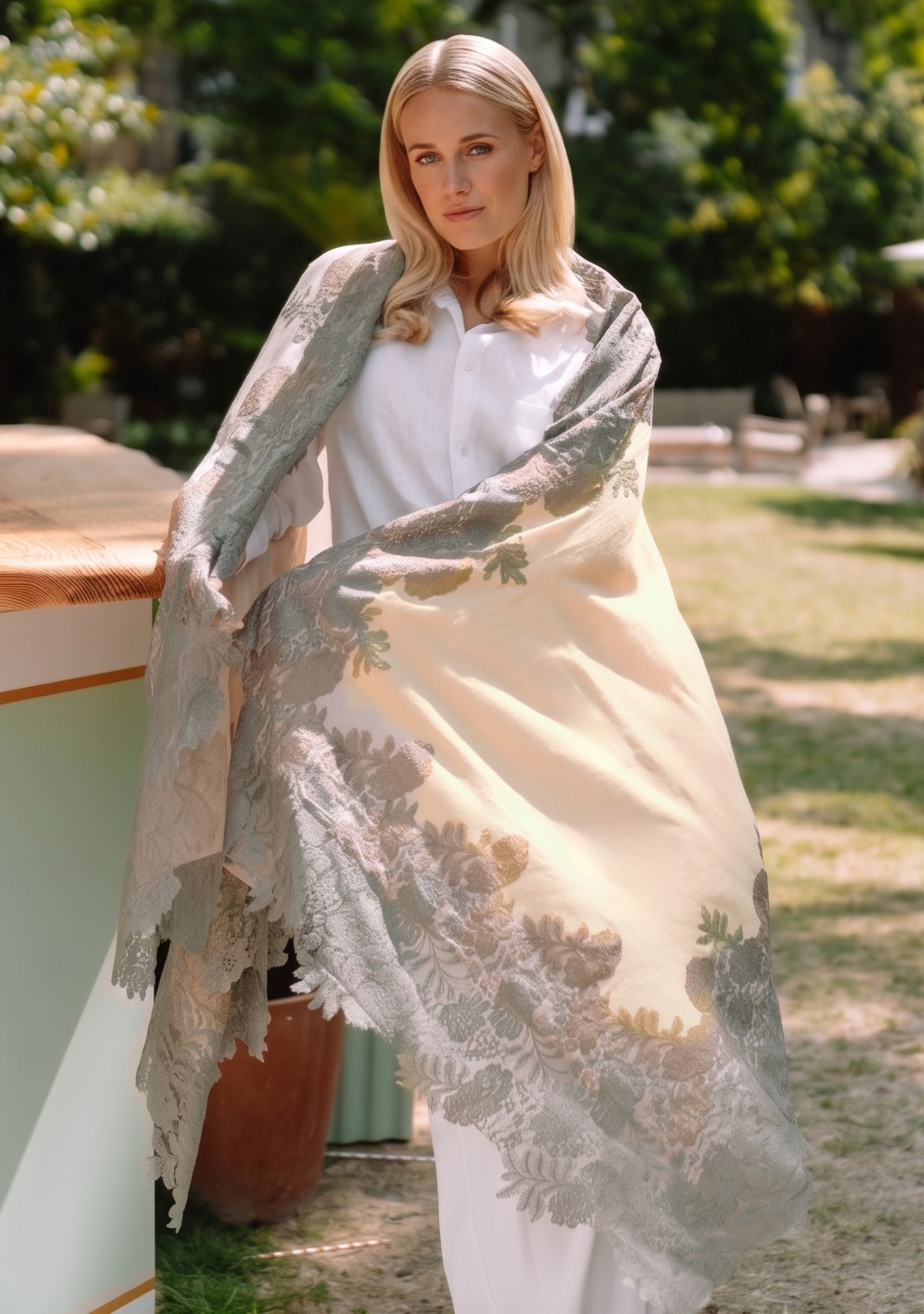 Female model wearing a luxury beige wool and silk scarf with handcrafted mousse and dark beige floral lace, styled as an elegant shawl over a black outfit to showcase its lightweight drape and intricate floral lace craftsmanship.