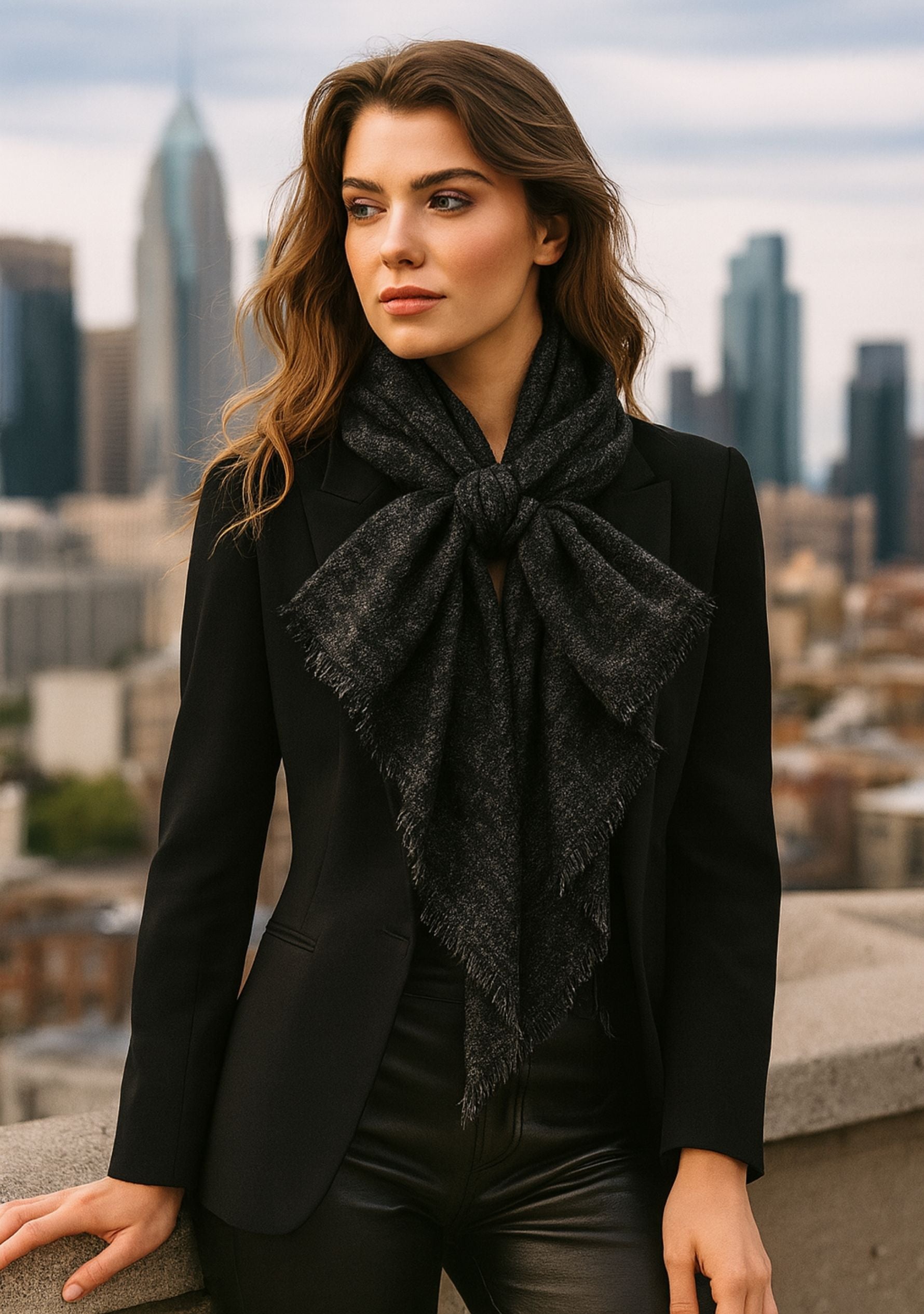 Maneesha Ruia black knitted fine wool cashmere wrap with silver lurex, luxury designer scarf for women