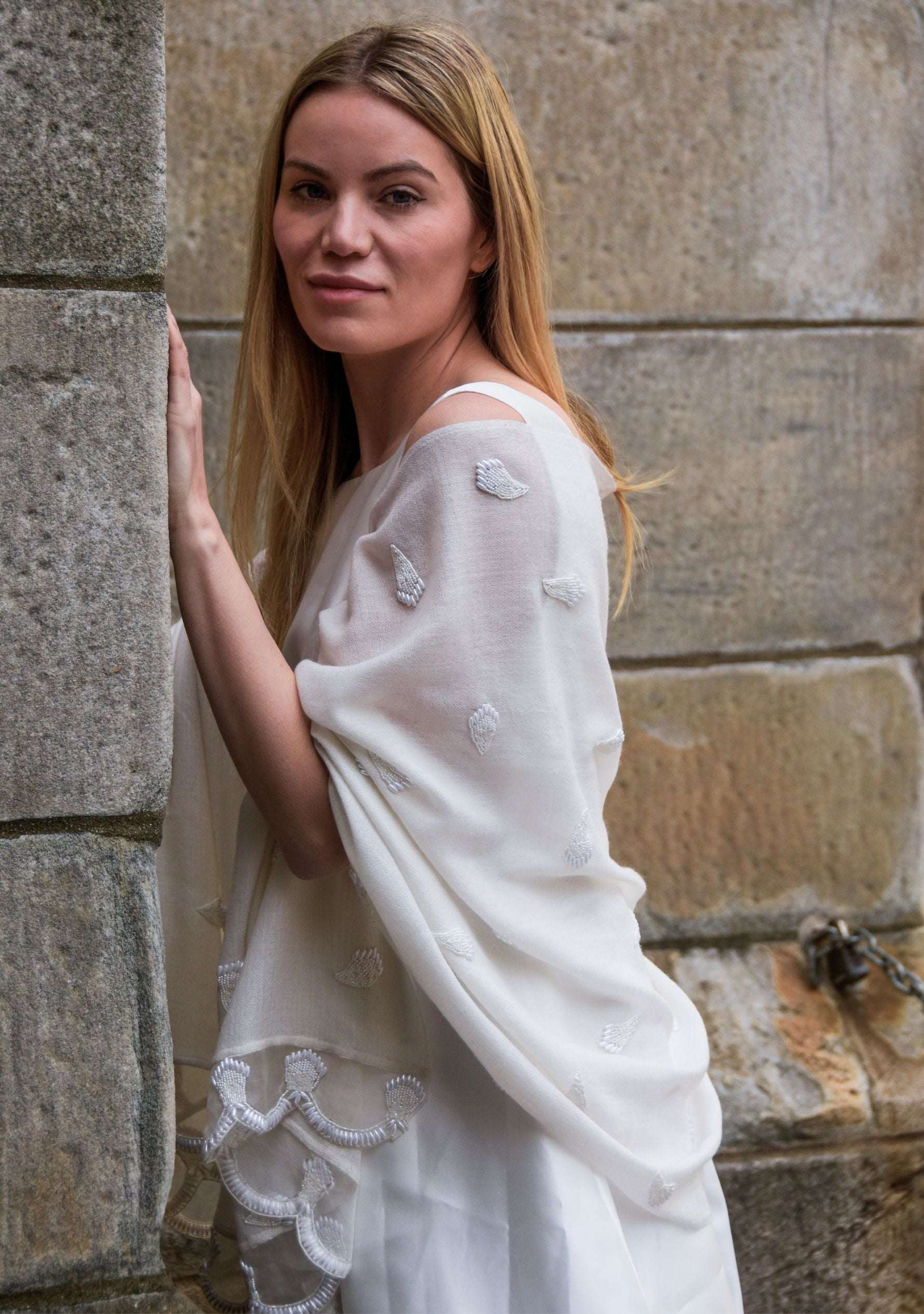 Maneesha Ruia ivory cashmere scarf with hand-beaded pearls and scalloped organza border, luxury designer scarf