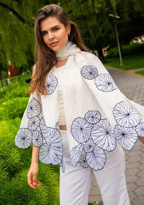 Maneesha Ruia Ivory Cashmere Scarf — cascading white and black lotus leaf appliqués on luxuriously soft cashmere