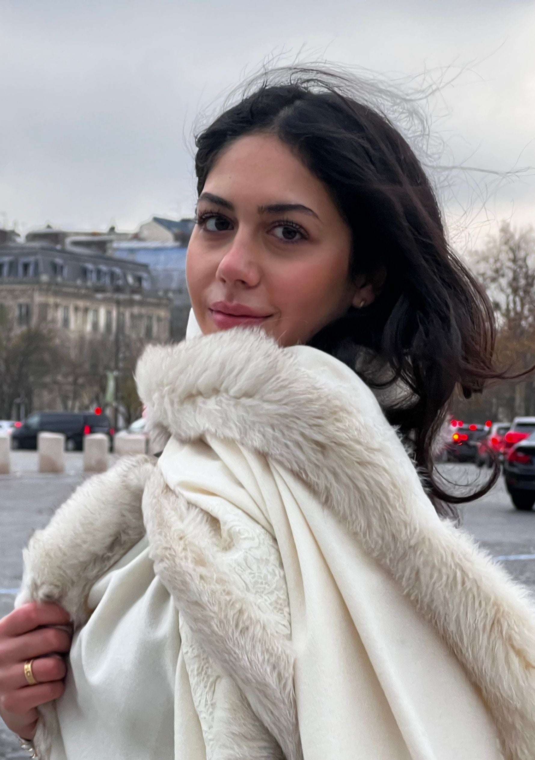 Maneesha Ruia ivory cashmere wrap with ivory fox fur and floral lace, luxury designer stole for women