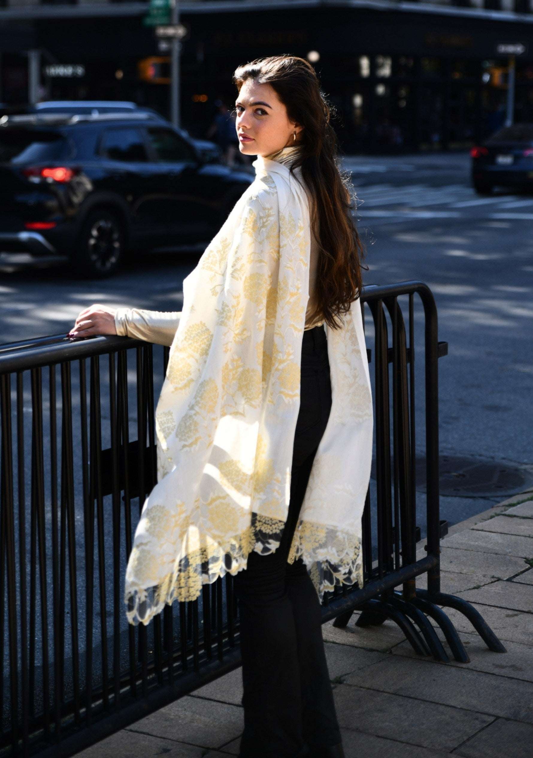 Maneesha Ruia ivory wool and silk scarf with Gold lace, luxury designer scarf for women
