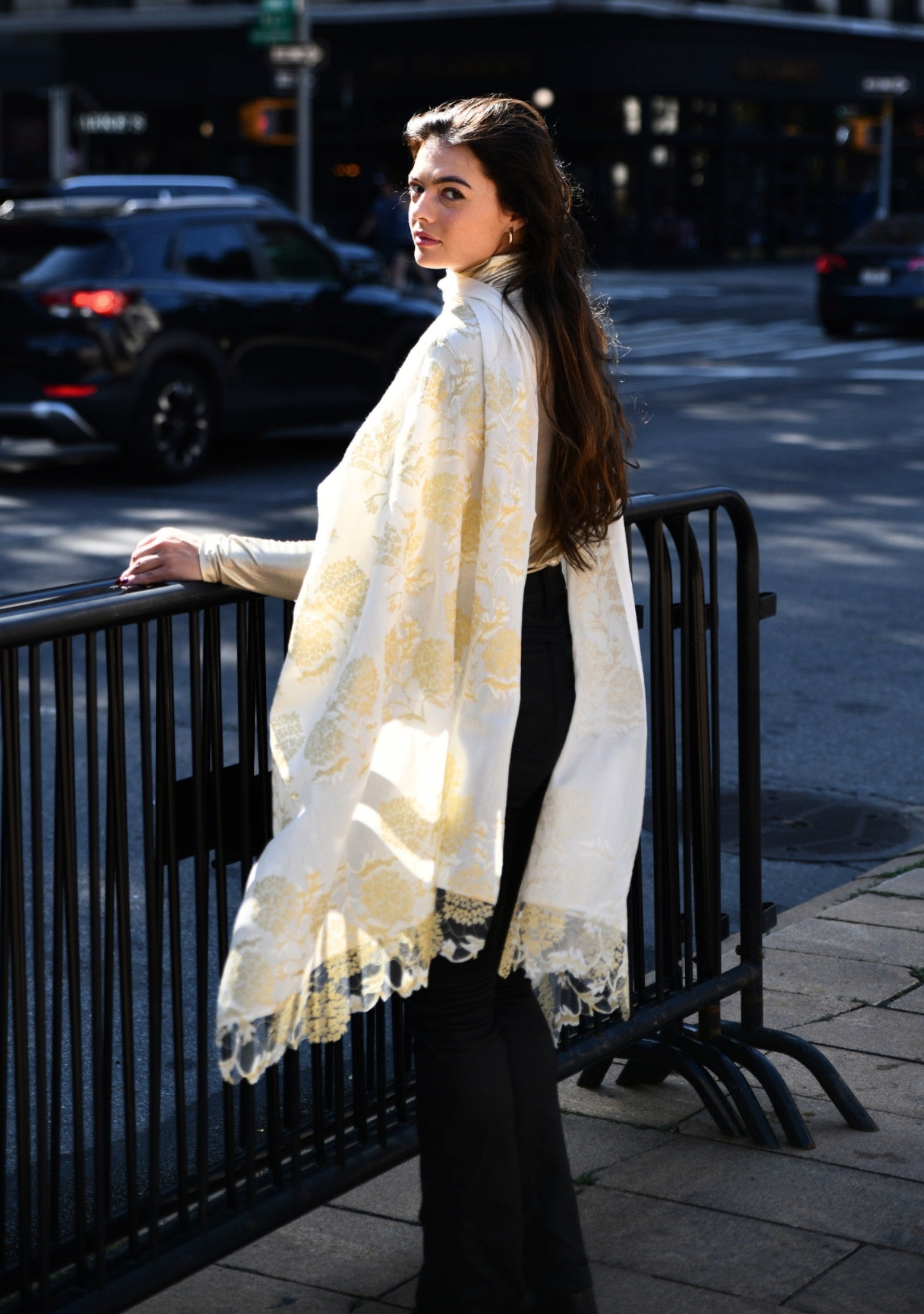 Maneesha Ruia ivory wool and silk scarf with Gold lace, luxury designer scarf for women