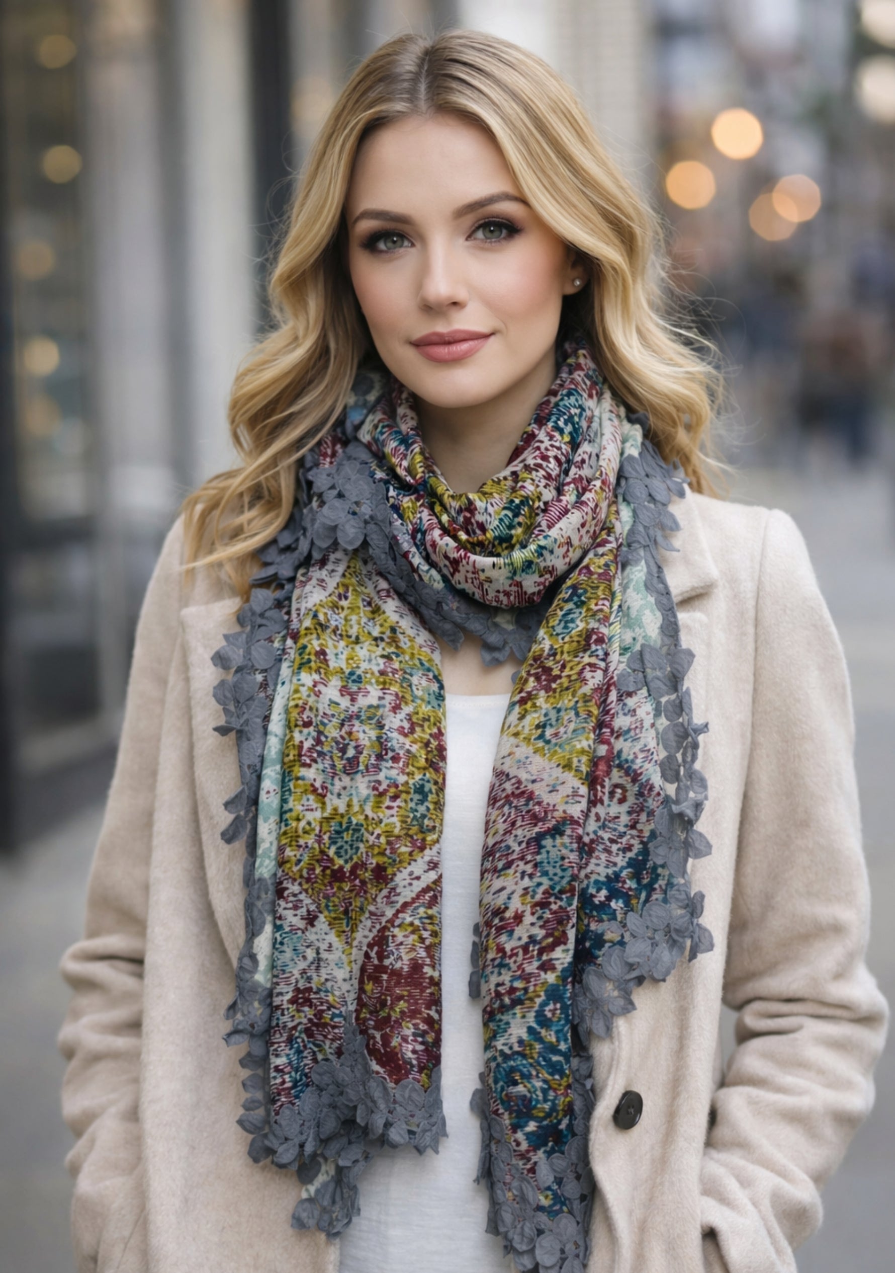 Maneesha Ruia Marrakesh print modal silk scarf with charcoal lace, luxury lightweight designer scarf for women