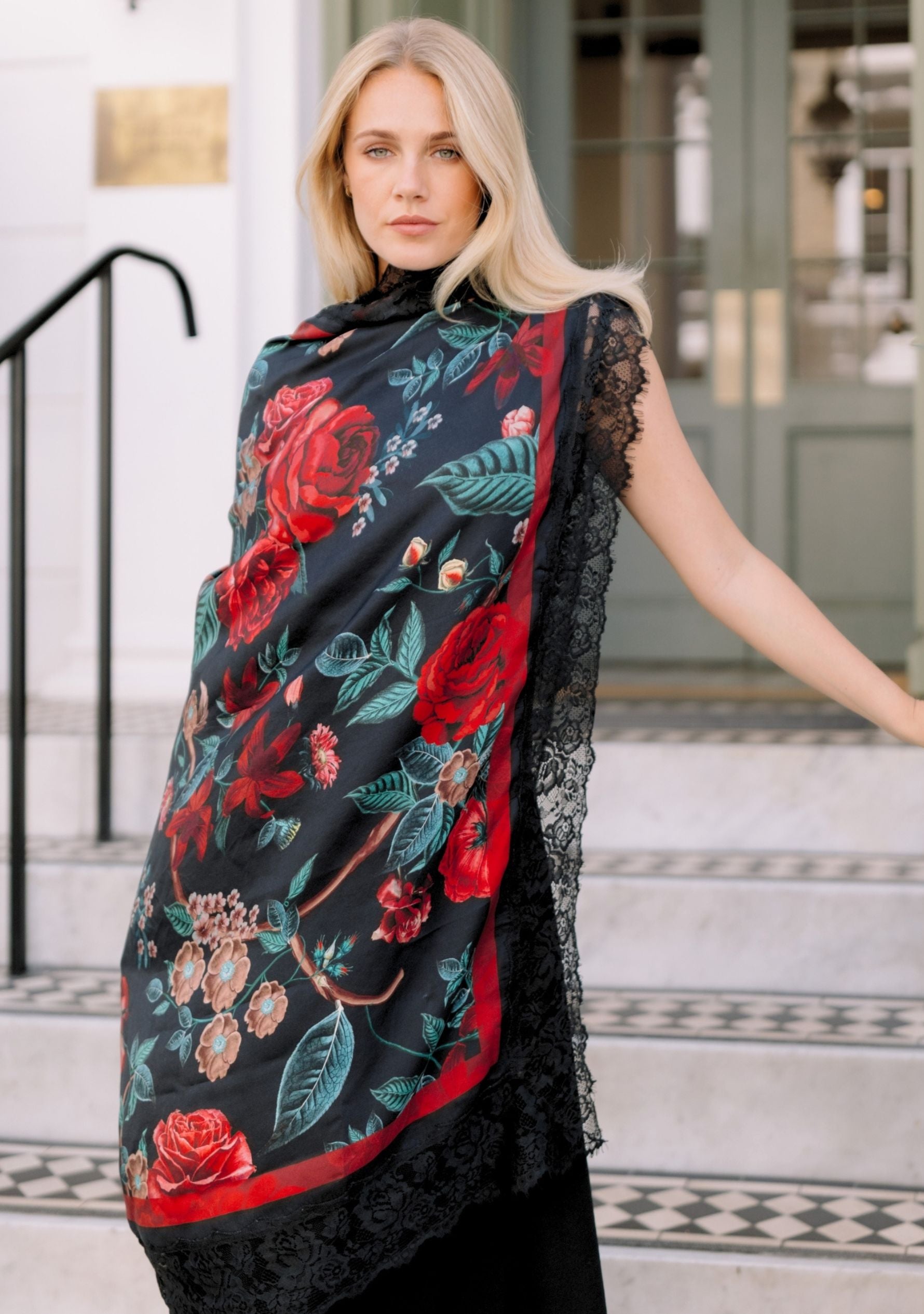Maneesha Ruia Red Roses Print Silk Square Scarf — red rose print with black lace border in silk twill