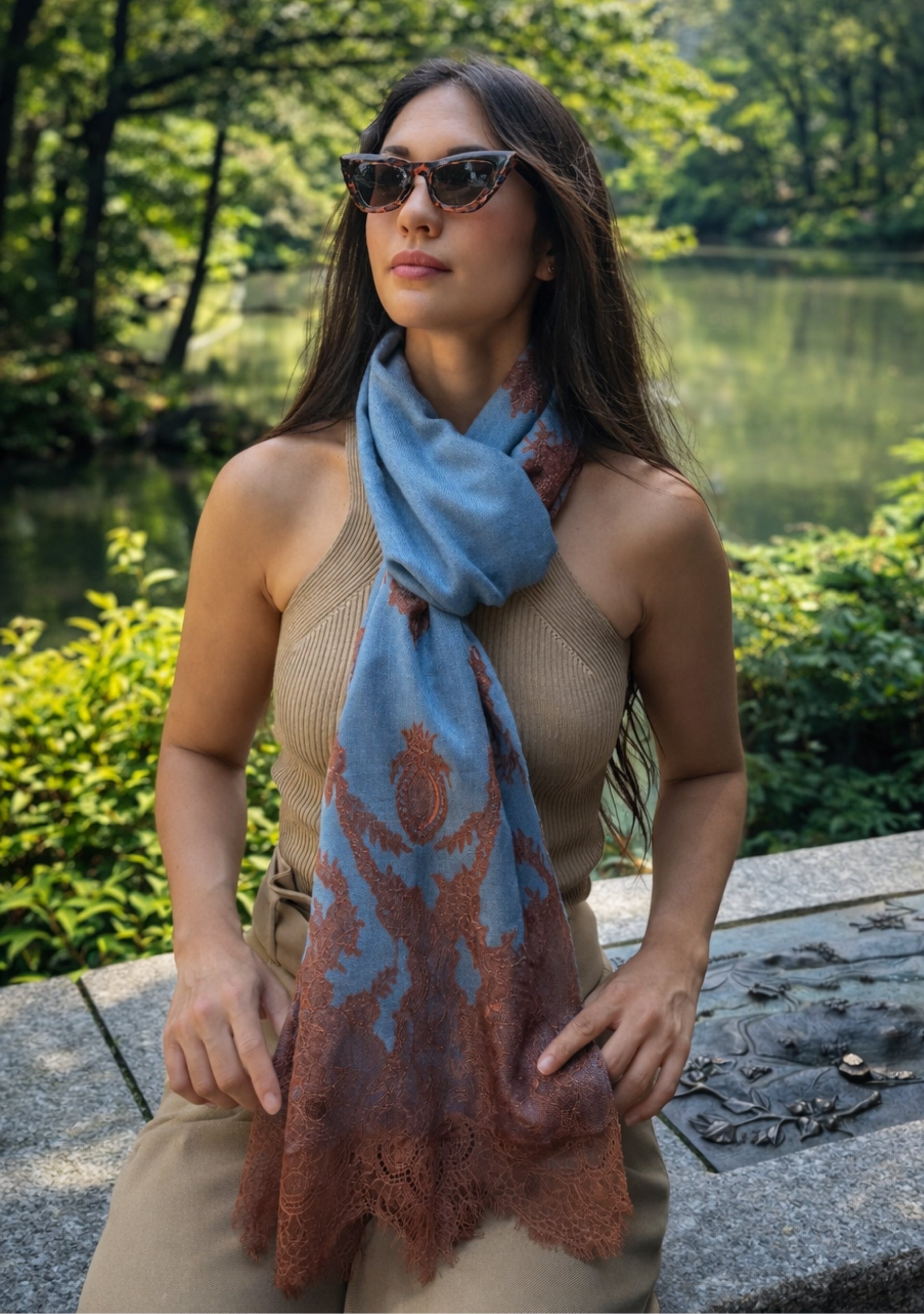 Maneesha Ruia Steel Blue Cashmere Scarf — mocha mousse filigree lace appliqué on luxuriously soft cashmere