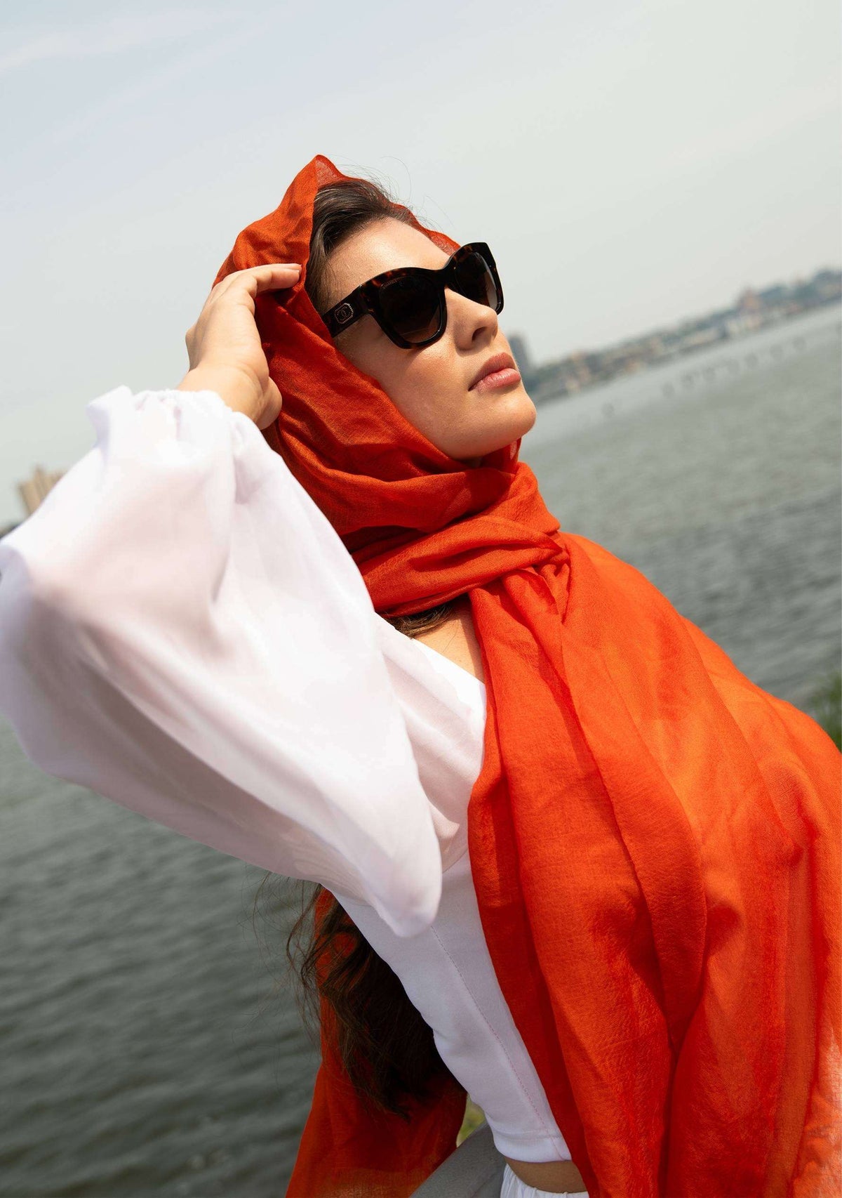 Maneesha Ruia tangerine orange superfine cashmere pashmina scarf, luxury designer scarf for women