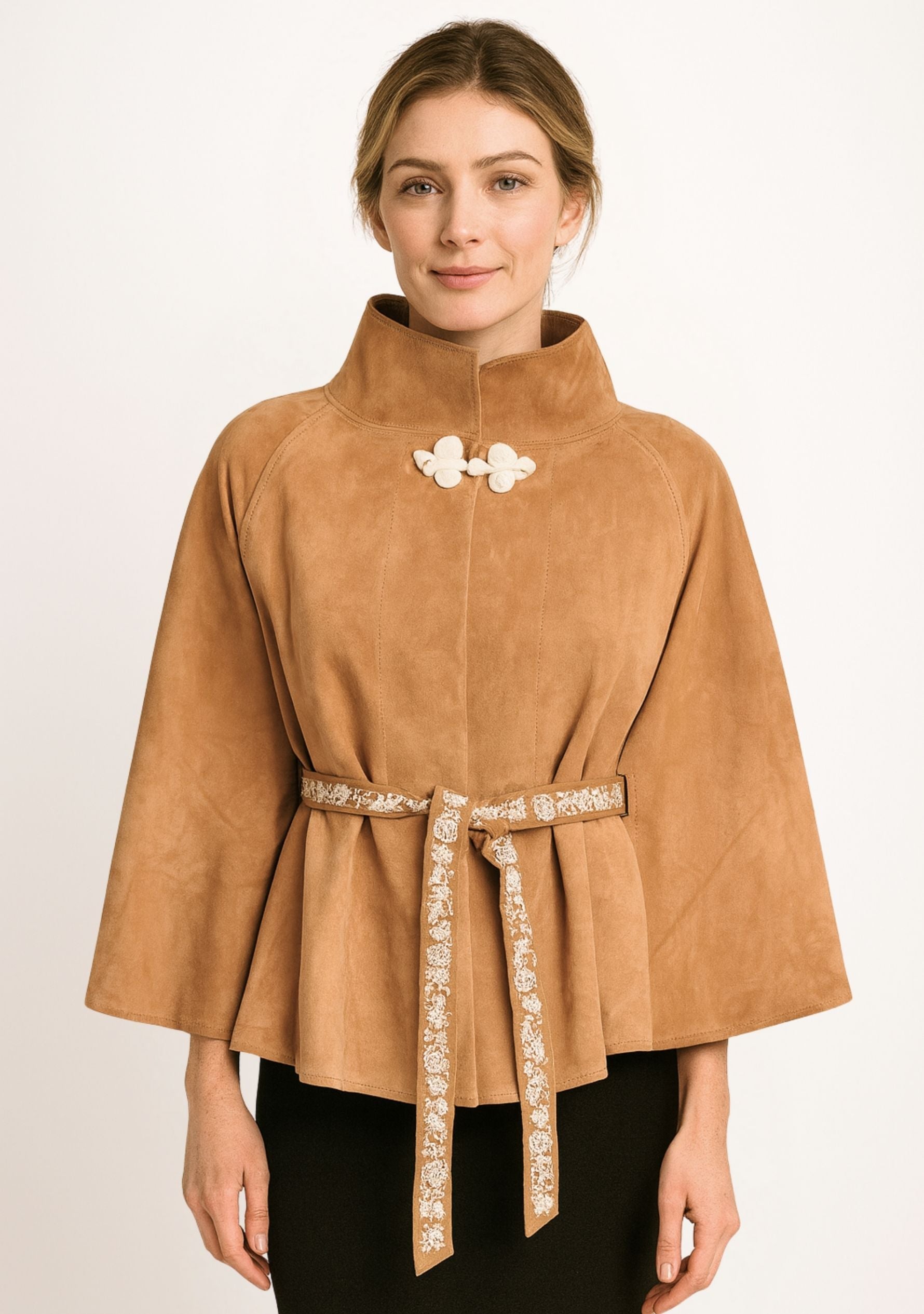 Camel Suede Leather Jacket Ivory Embroidered Belt