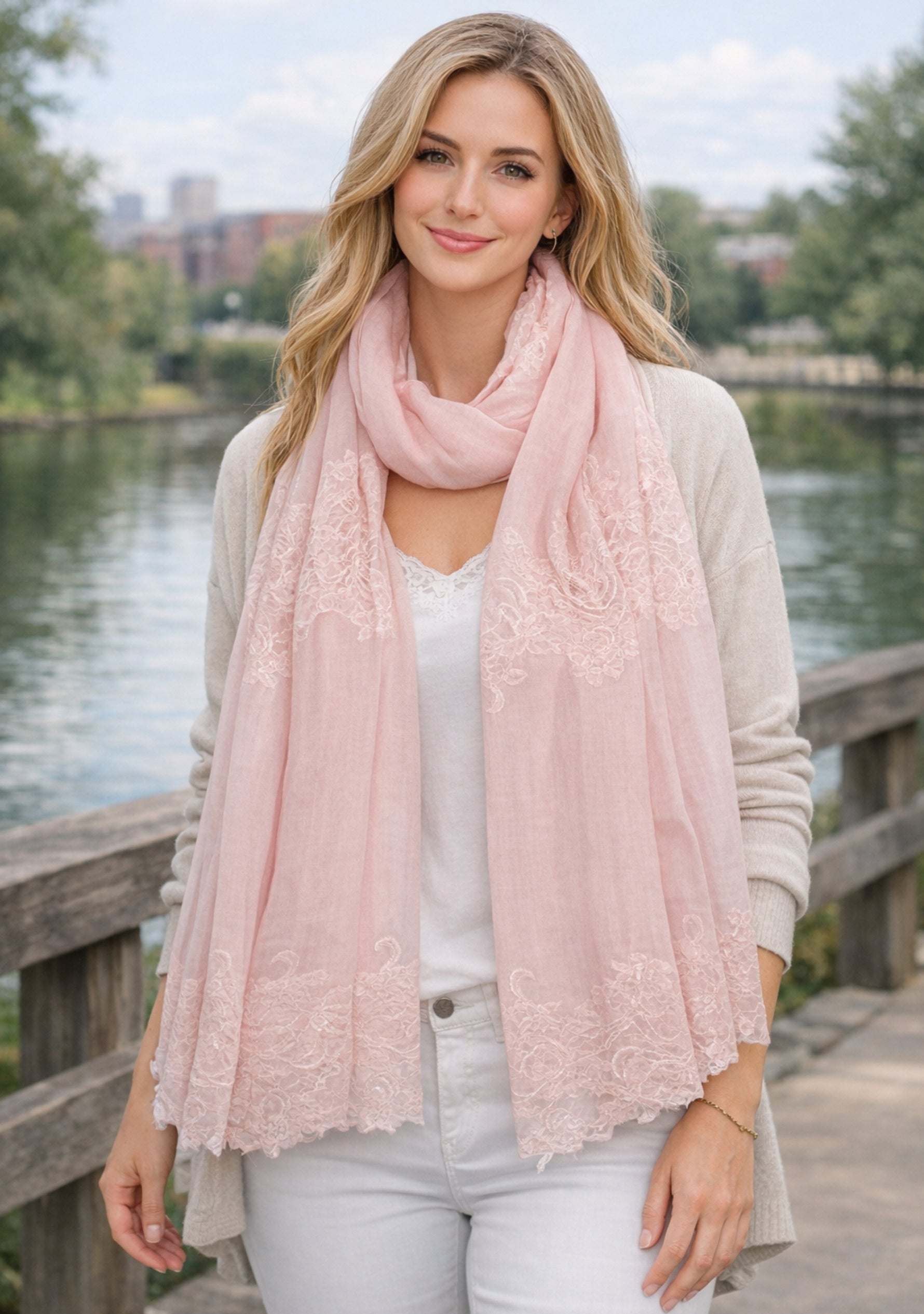 Maneesha Ruia soft pink modal silk scarf with soft pink lace panels, luxury designer scarf styled on female model