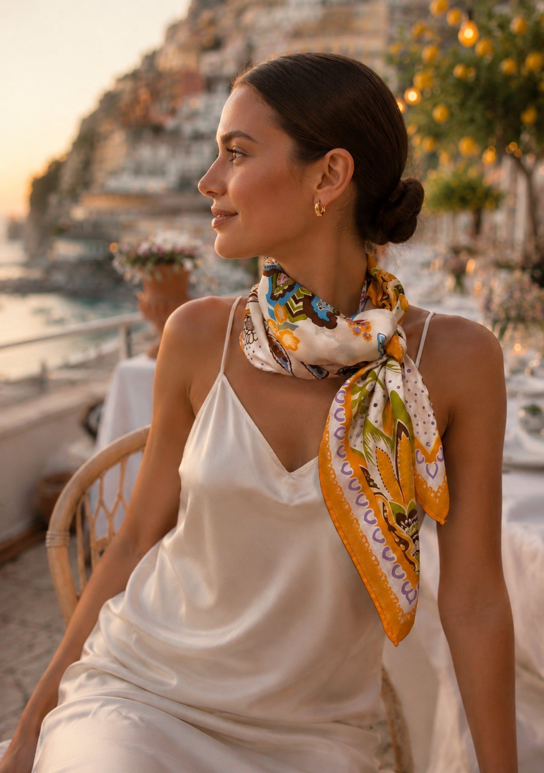 Multi Chintz Print Silk Square Scarf with Lavender Swarovski Crystals styled as a luxury neck scarf with an elegant ivory dress.