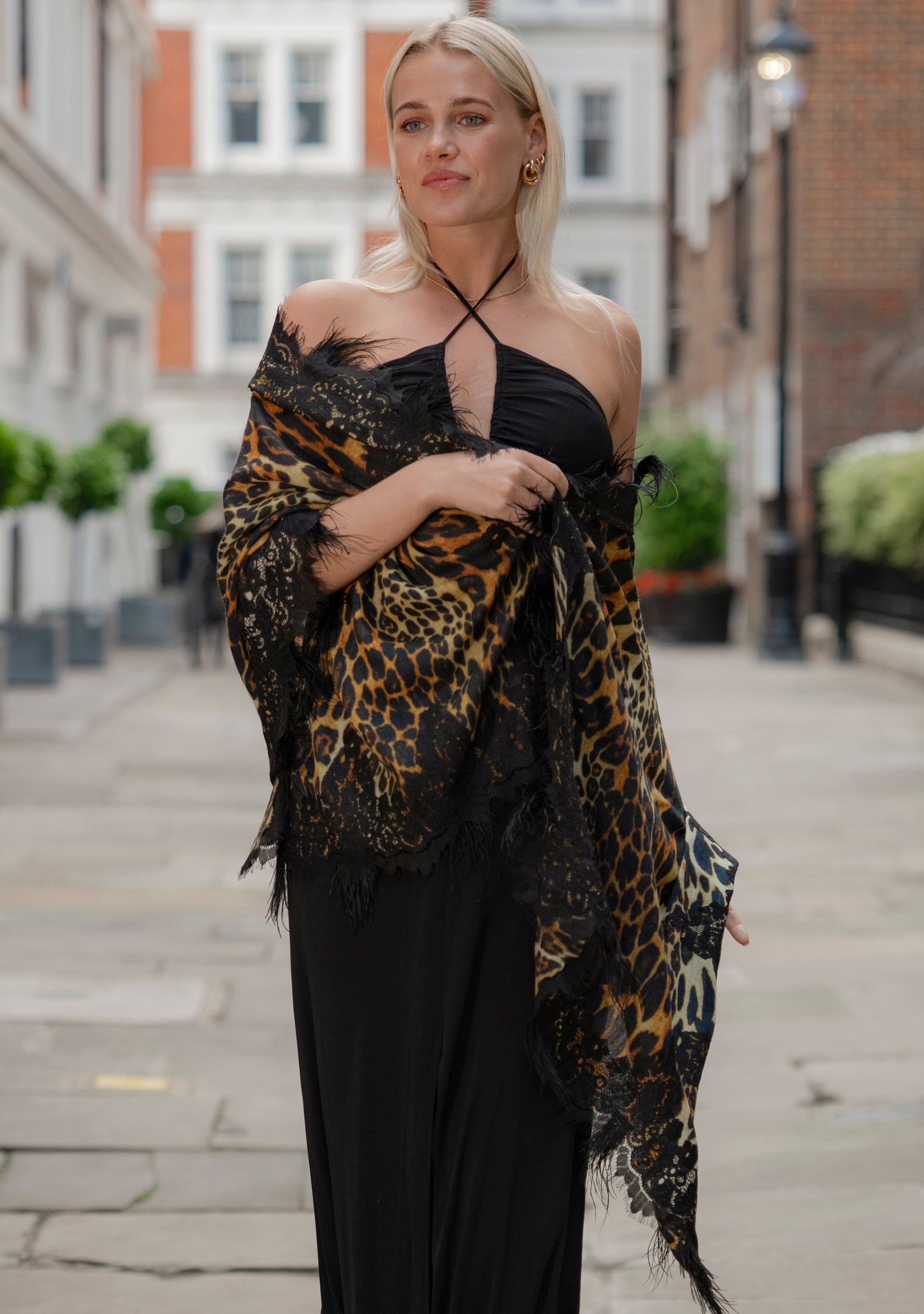 Black Leopard Print Wool & Silk Scarf 
Black Lace & Feathers