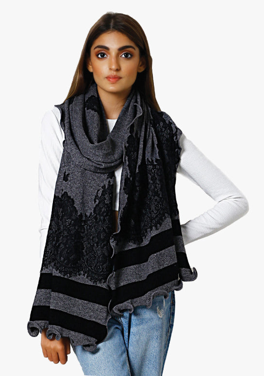 Charcoal Melange & Black Wool Stole 
Black Lace