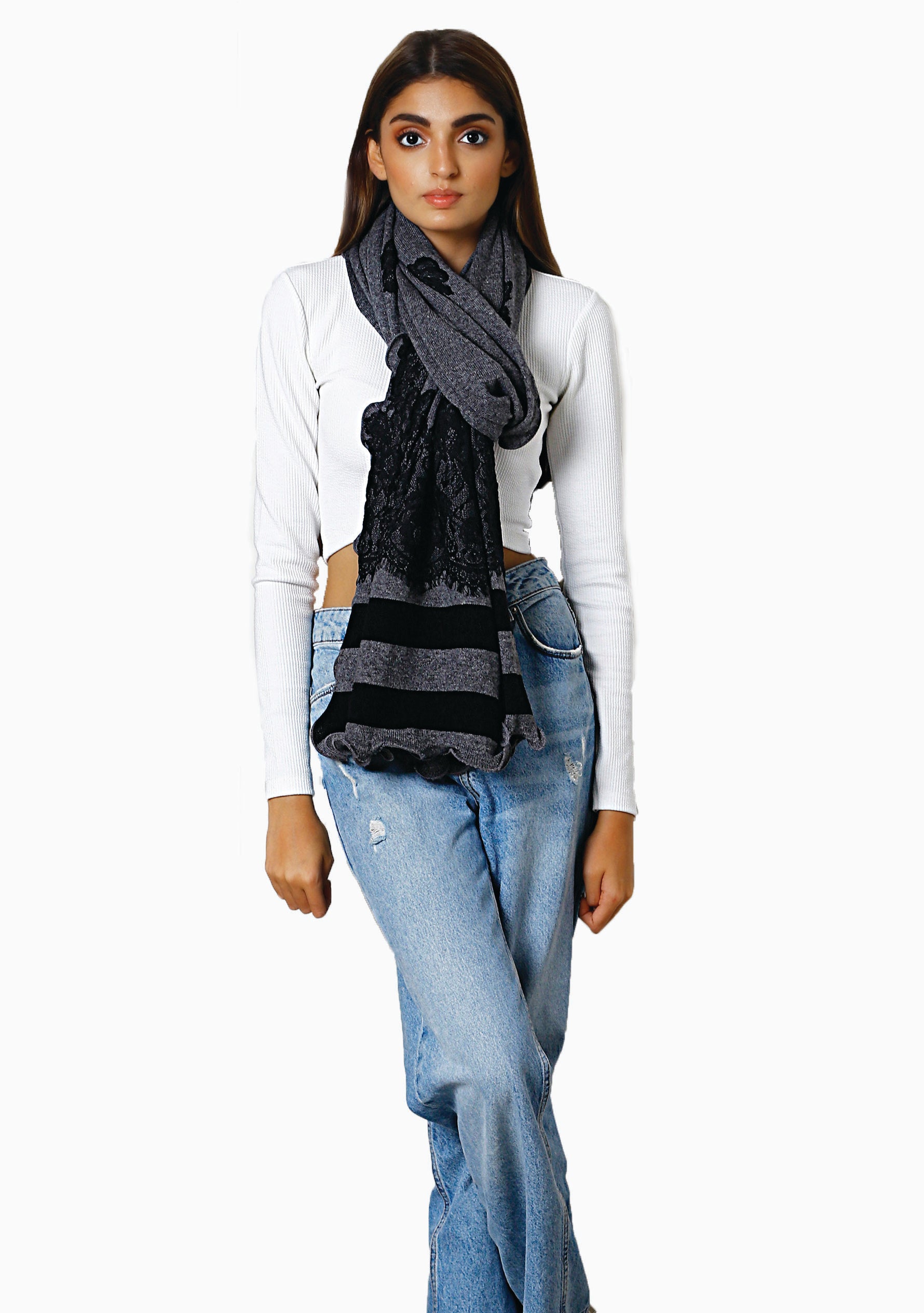 Charcoal Melange & Black Wool Stole 
Black Lace