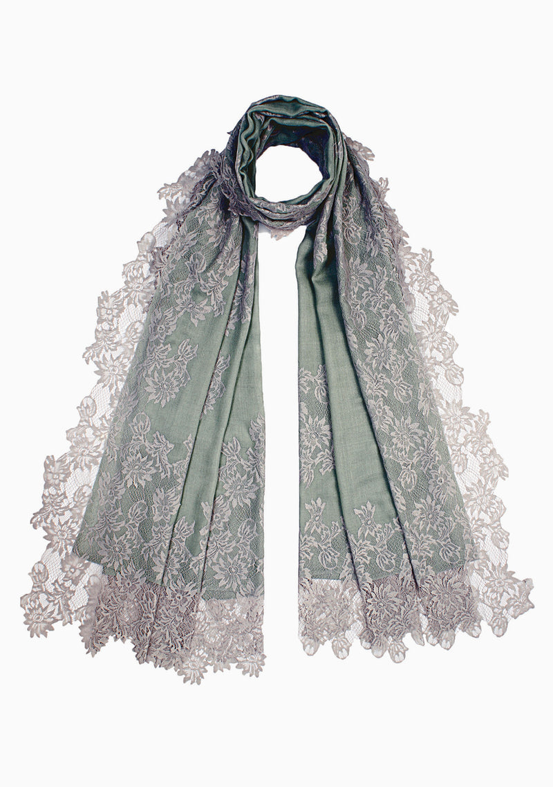 Sage Green Silk and Wool Scarf with a Mousse Floral Lace