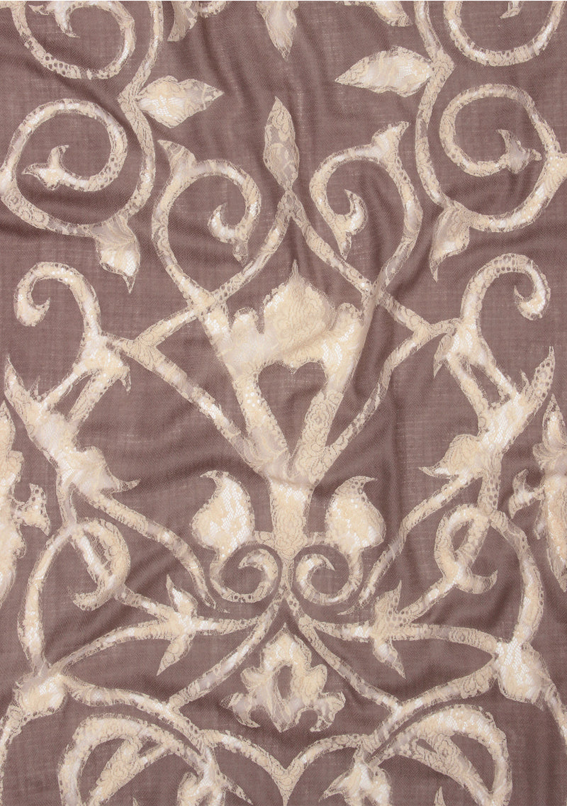 Taupe Cashmere Scarf with a Beige Lace Cutout