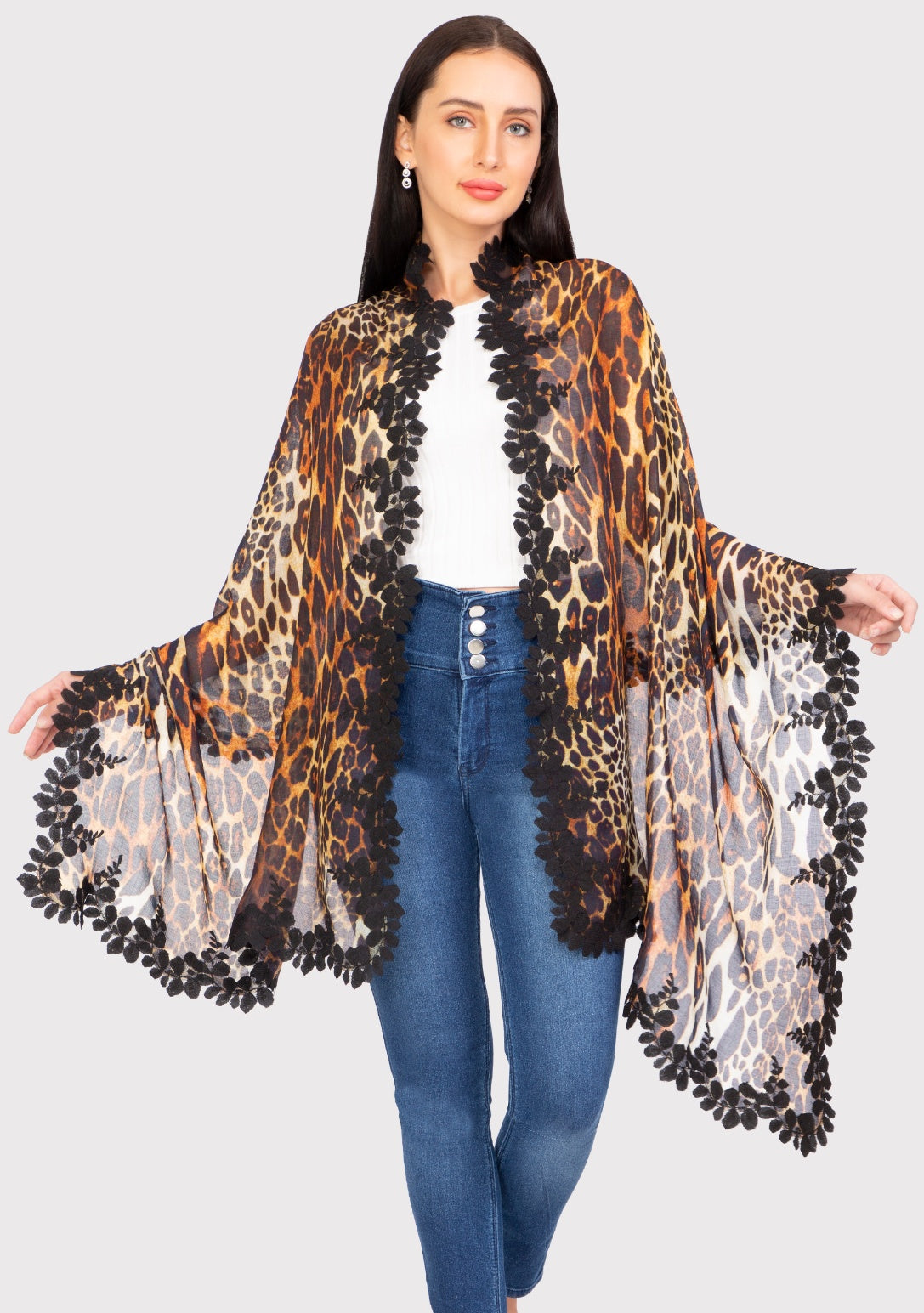 Leopard Print Modal & Silk Scarf 
Black Lace