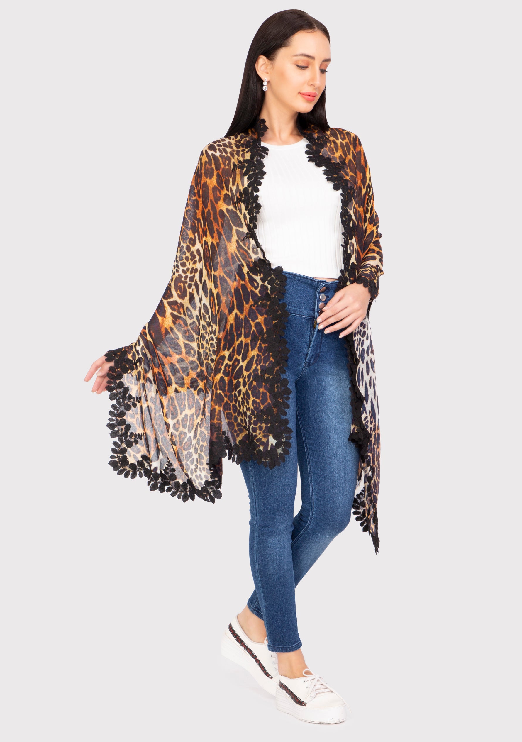 Leopard Print Modal & Silk Scarf 
Black Lace