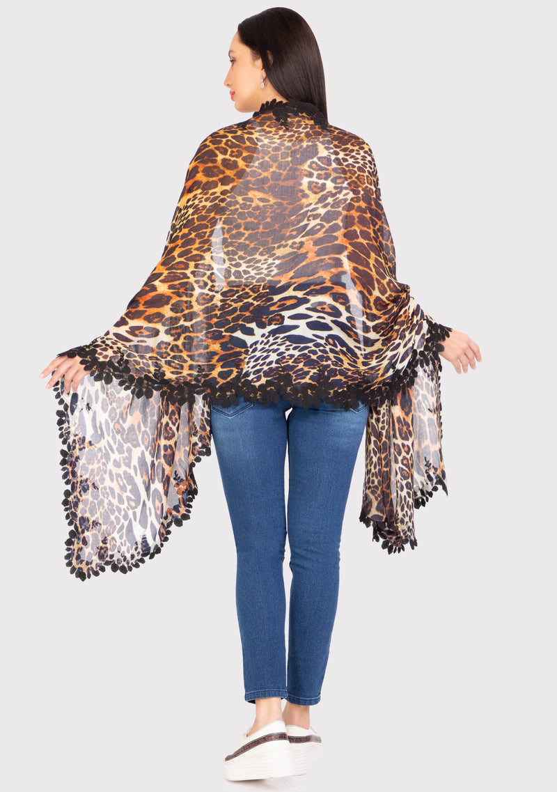 Leopard Print Modal and Silk Scarf with a Scalloped Black Bold Leaf Lace Border