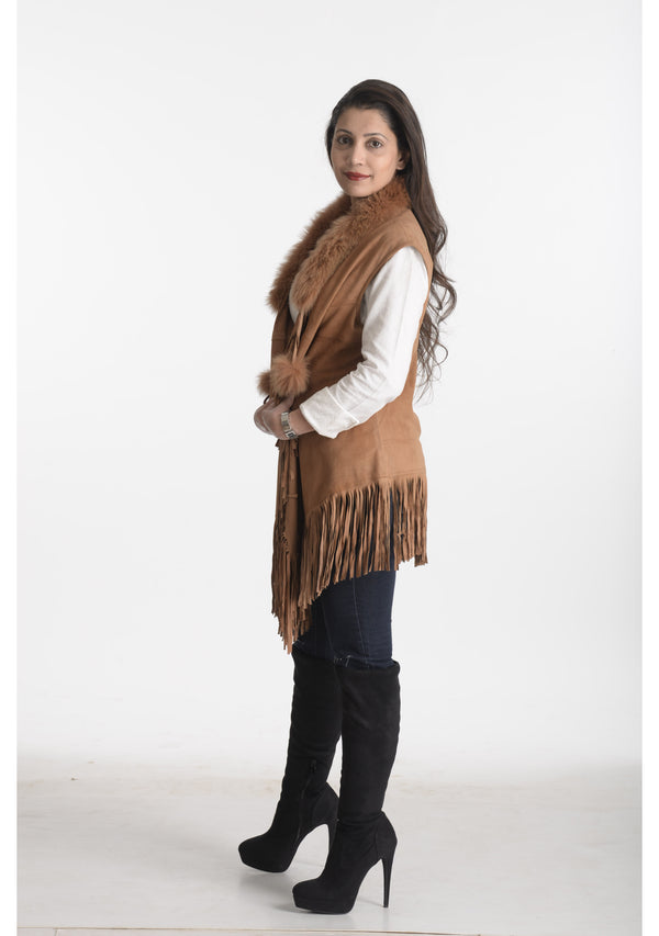 Tan Suede Leather Sleeveless Jacket with Tan Fur and Tan Tassels