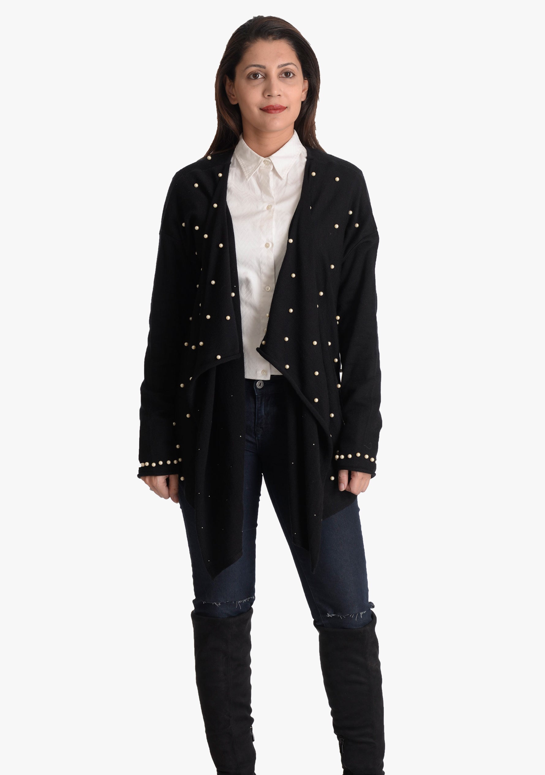 Black Merino Wool Wrap Cardigan 
Ivory Pearls