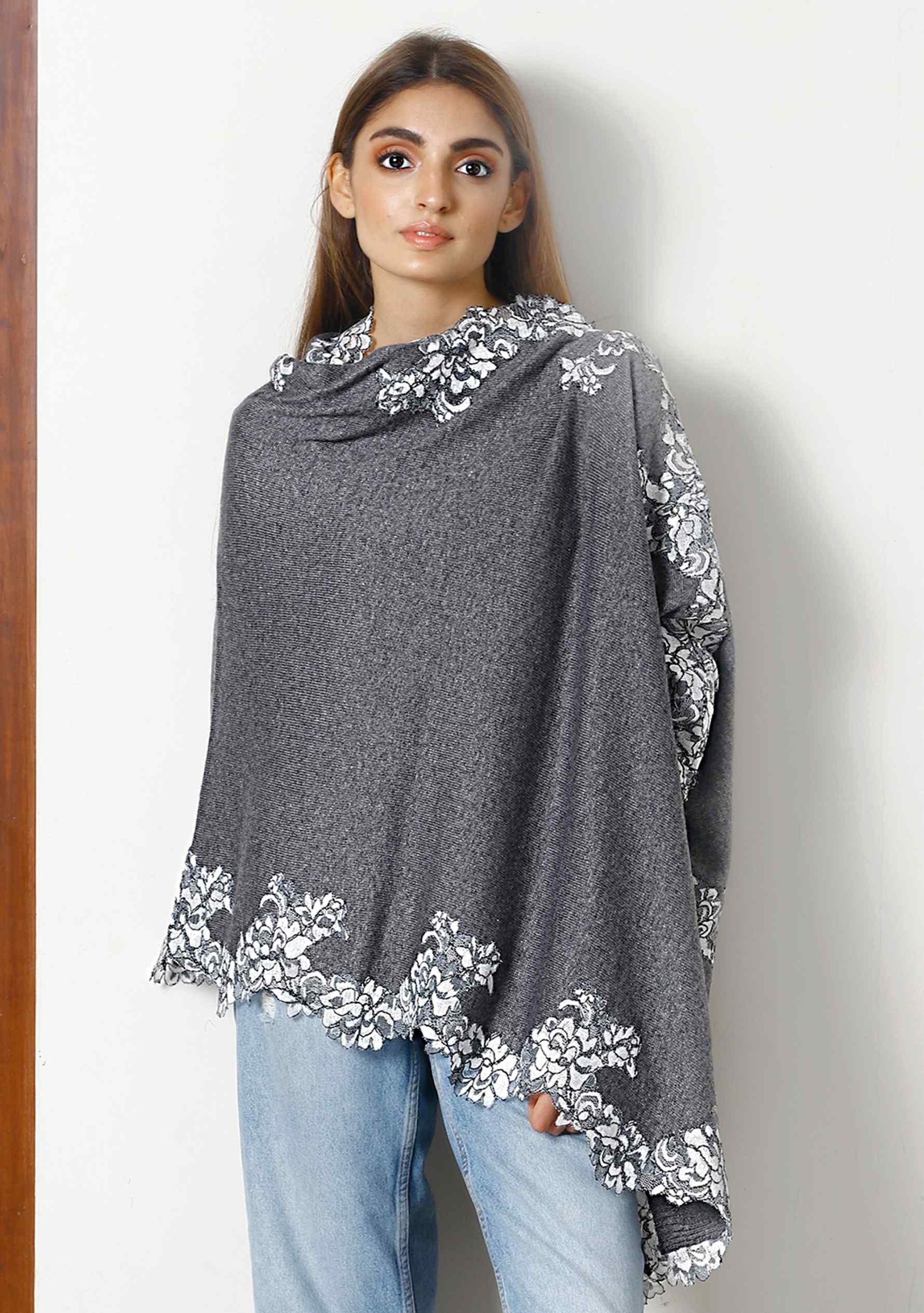 Dk. Gray Melange Wool Poncho Ivory Lace