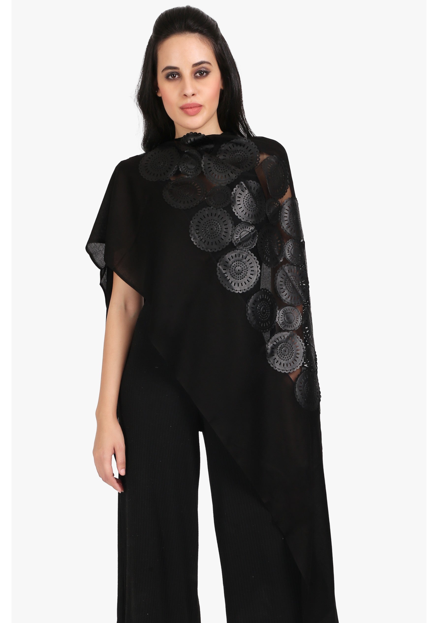Black Modal Scarf 
Black Faux Leather Appliqués