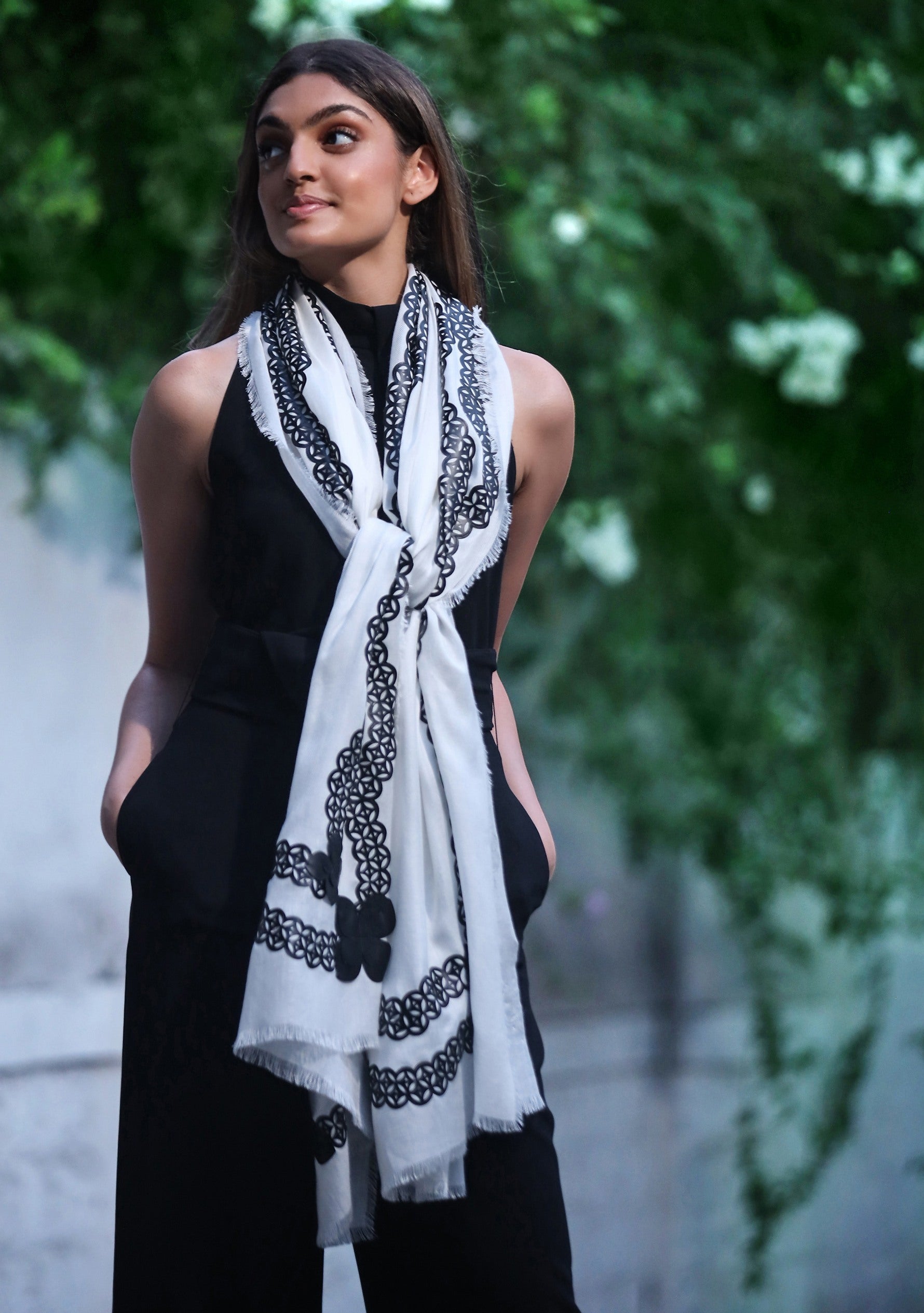 Ivory Modal ScarfBlack Faux Leather Appliqué
