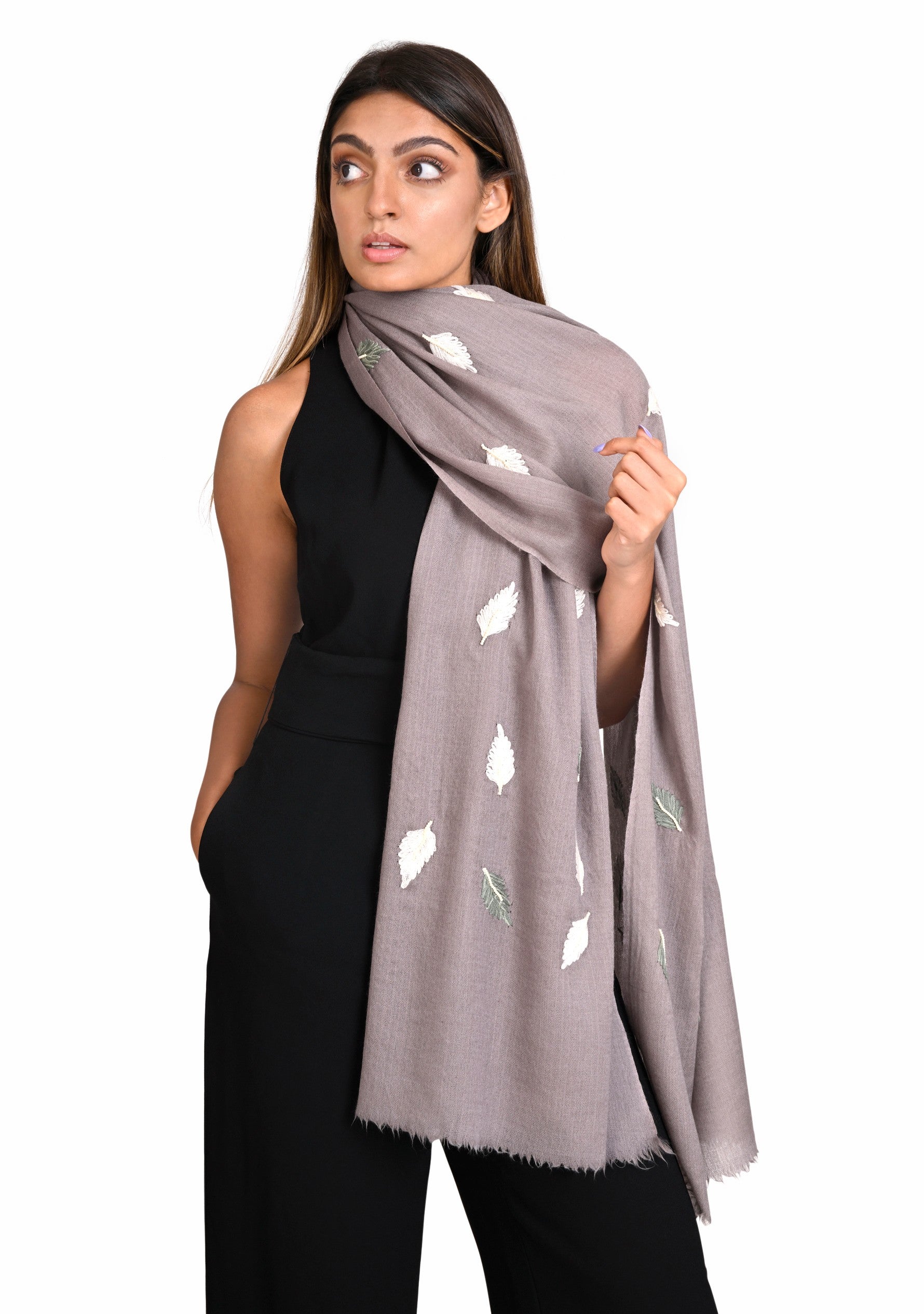 Mousse Wool & Silk Scarf
Ivory & Mousse Embroidery and Ivory Pearls