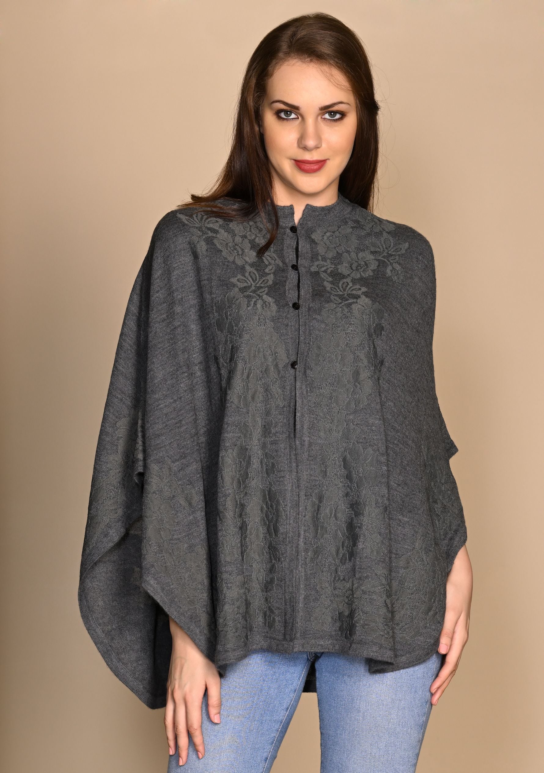 Dk. Gray Melange Wool Collared CapeDk. Gray Lace