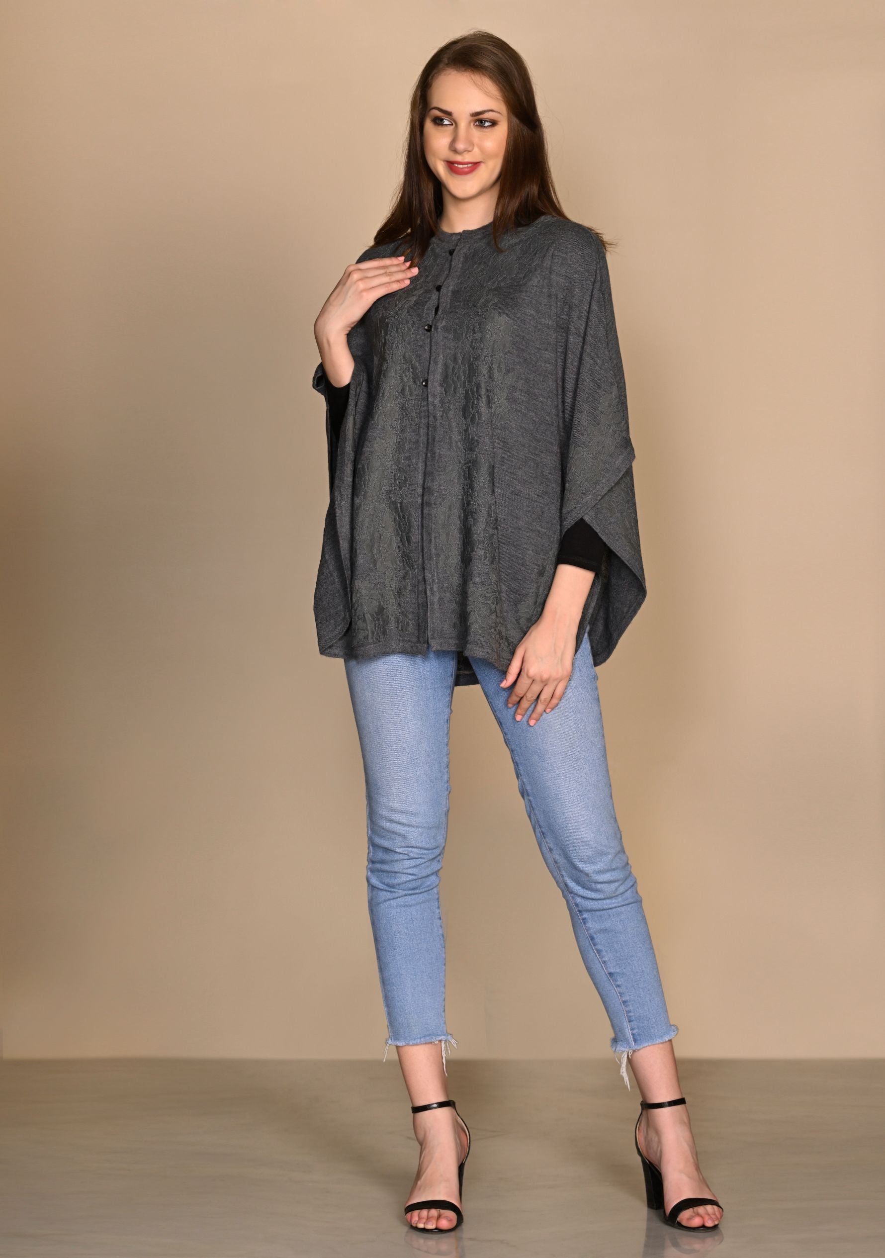 Dk. Gray Melange Wool Collared CapeDk. Gray Lace