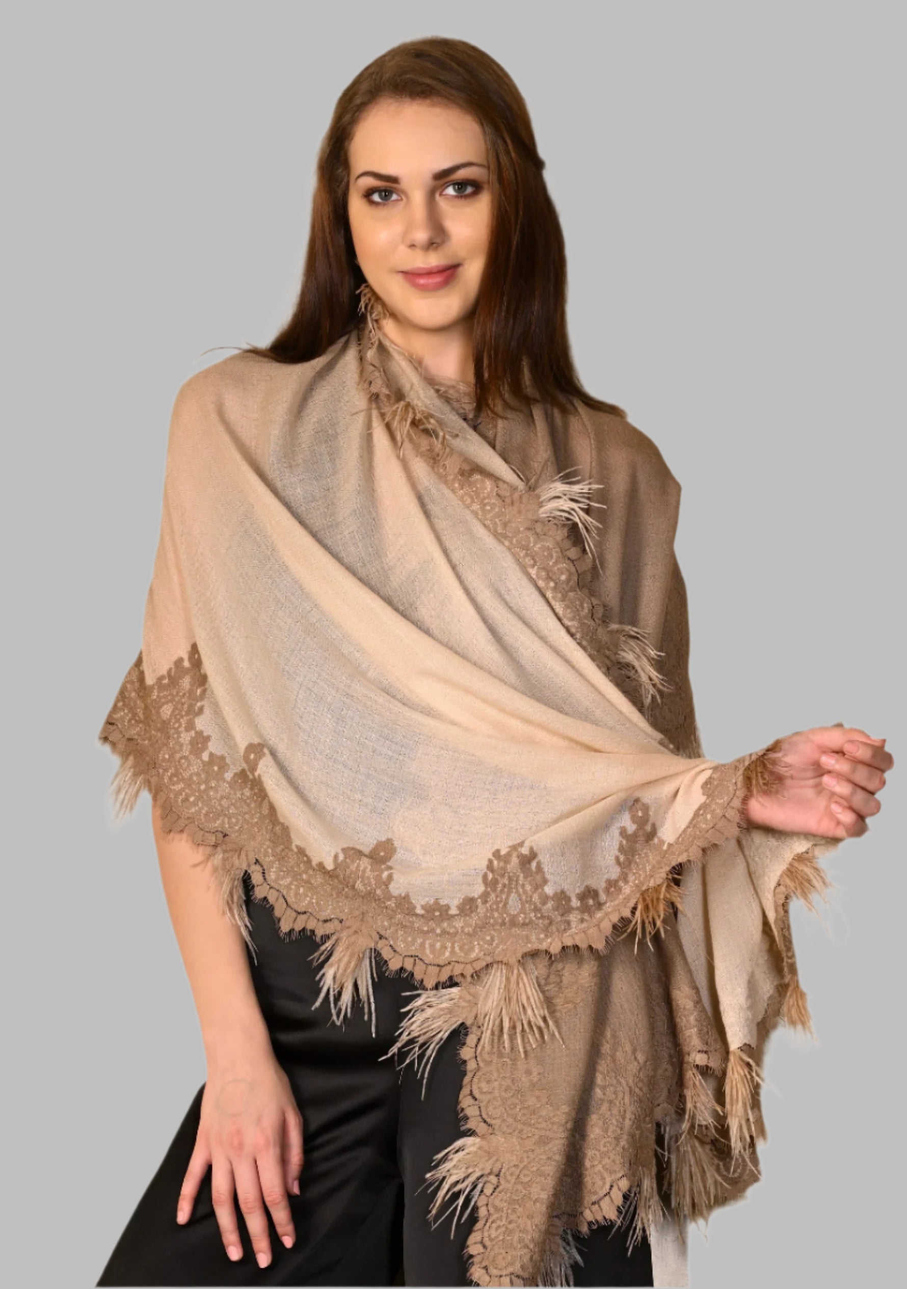 Beige Cashmere Scarf
Dk. Beige Lace & Beige Feathers
