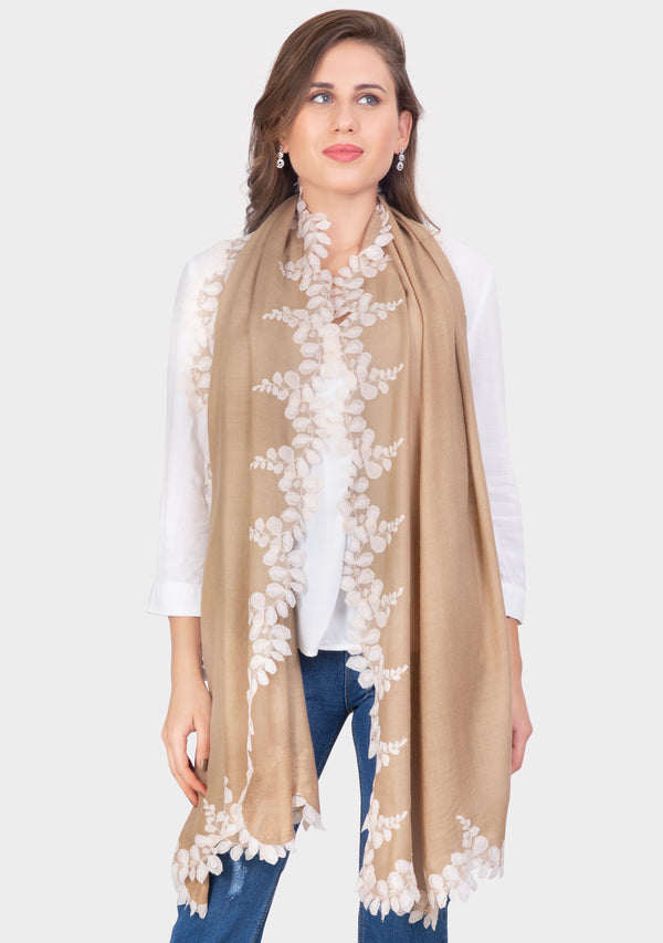 Natural Silk and Wool Scarf with a Beige Scalloped Lace Border