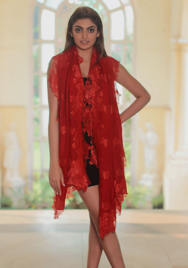 Red Cashmere Scarf with a Red Floral Chantilly Lace Border