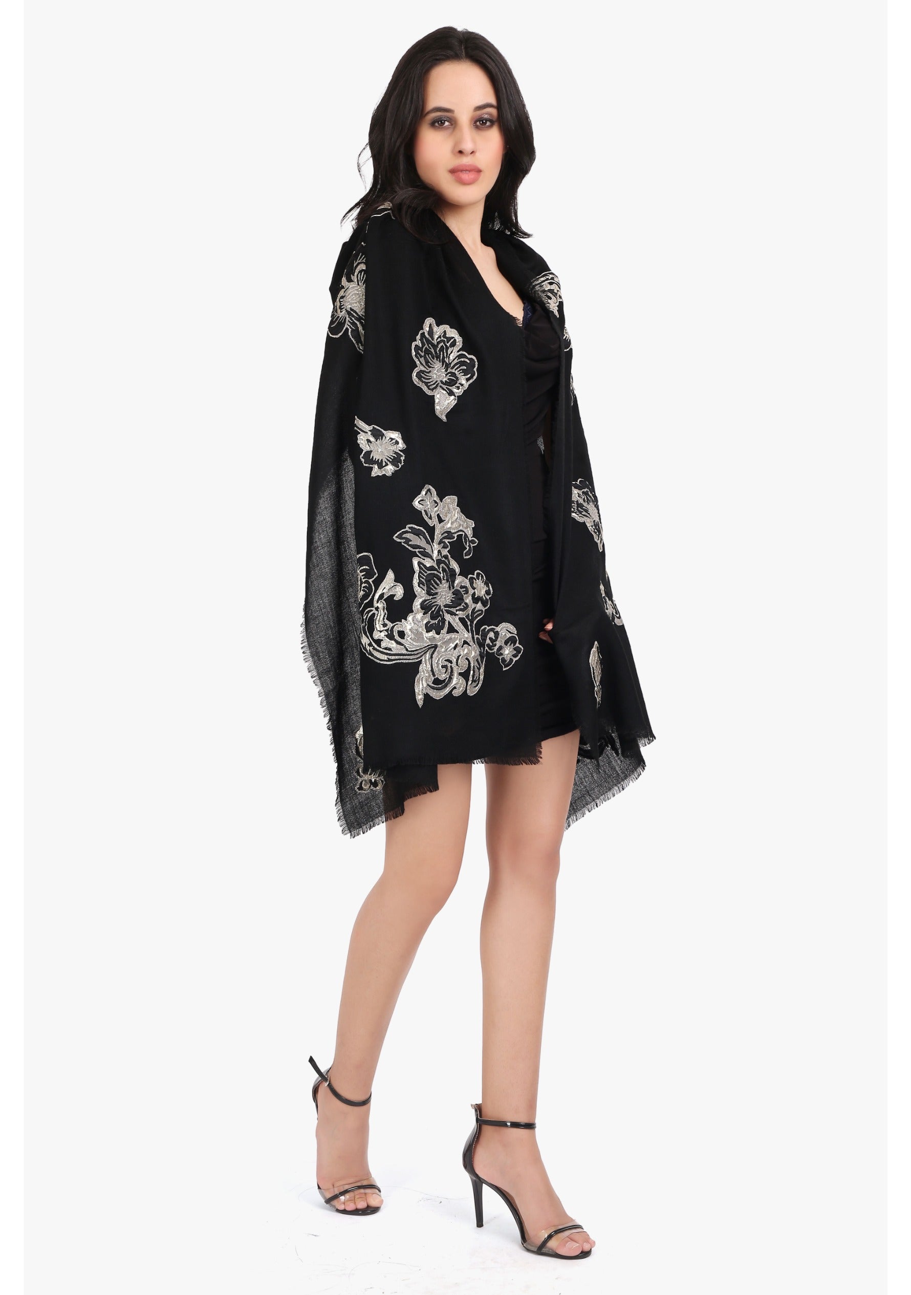 Black Cashmere Scarf Black & Silver Appliqués