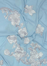Arctic Blue Cashmere Scarf with Grey and Silver Flower Appliques