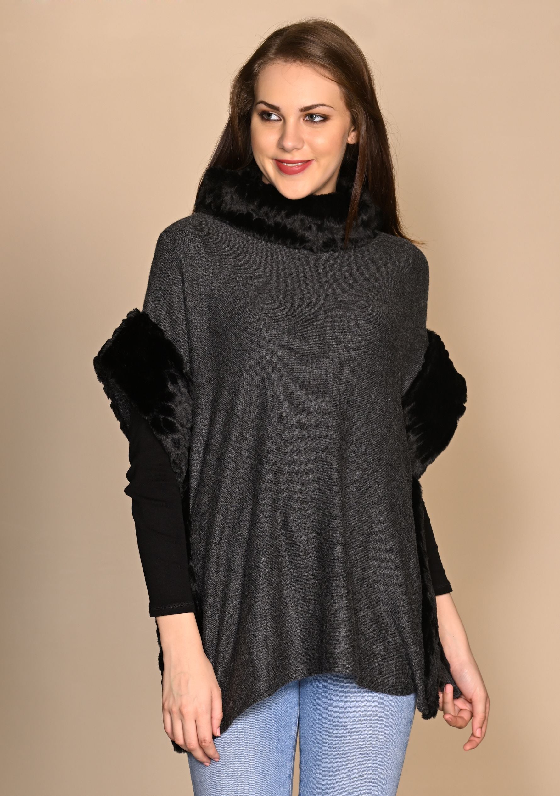 Charcoal Melange Wool Poncho
Black Faux Fur