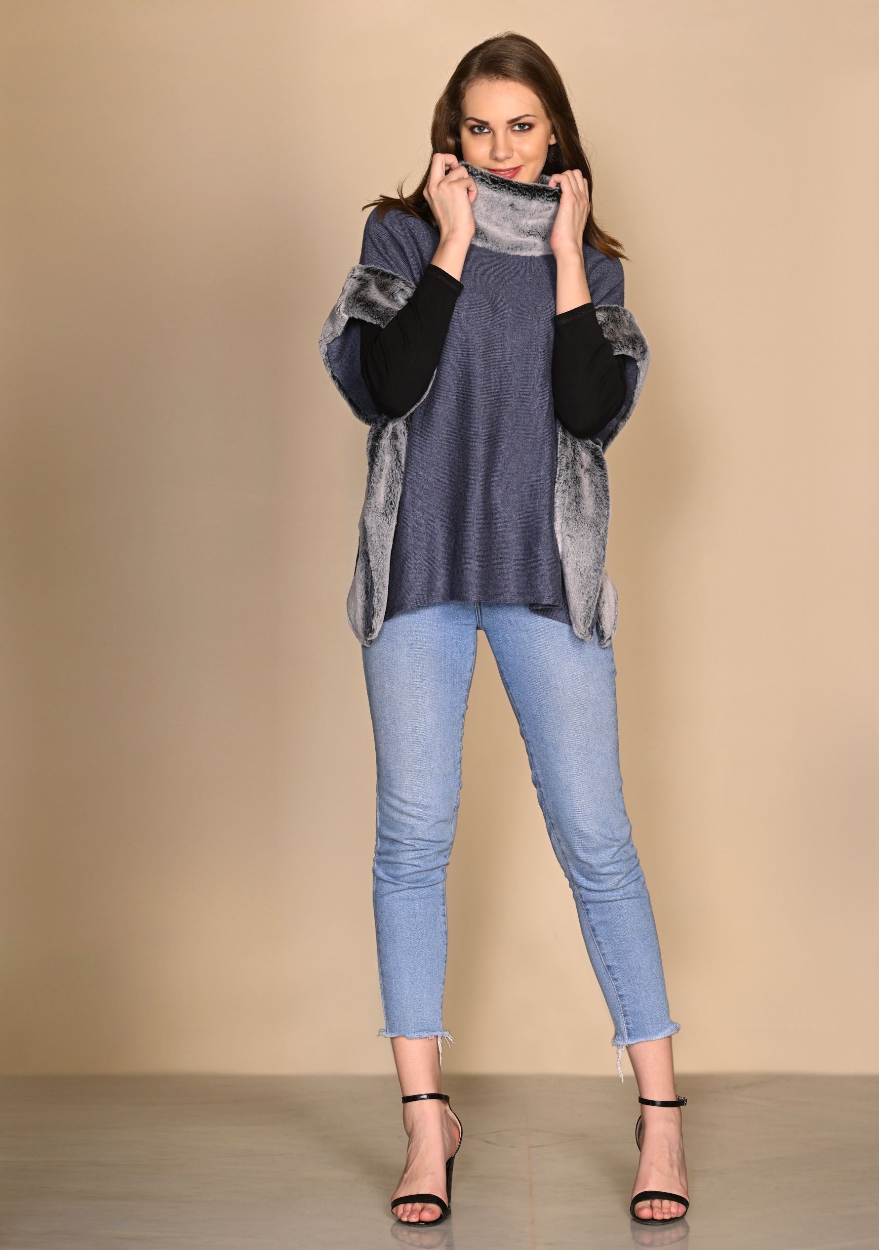Denim Blue Melange Wool PonchoGray Faux Fur