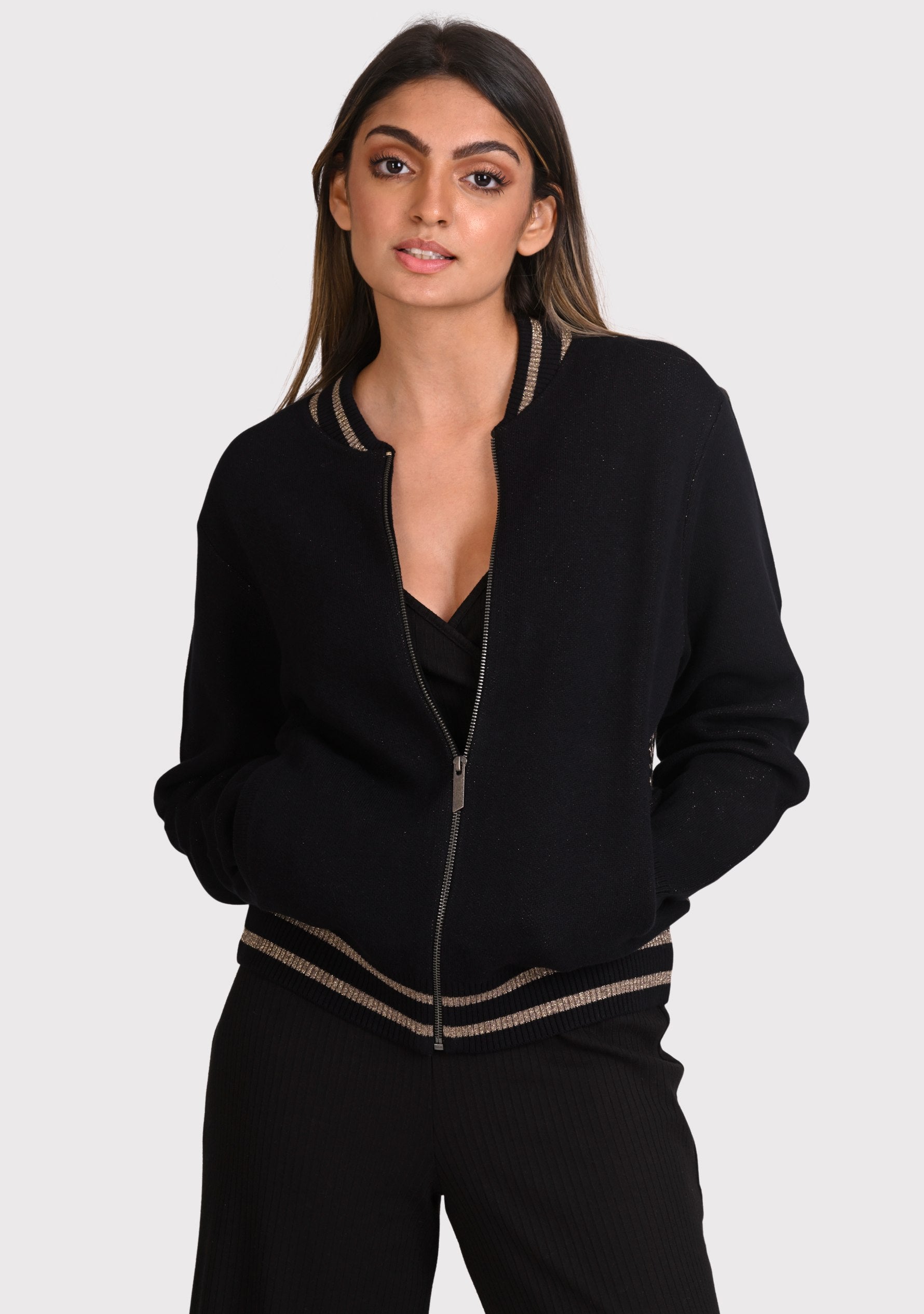 Black & Tobacco Brown Leopard Jacquard Jacket and Black Pant Lounge Set