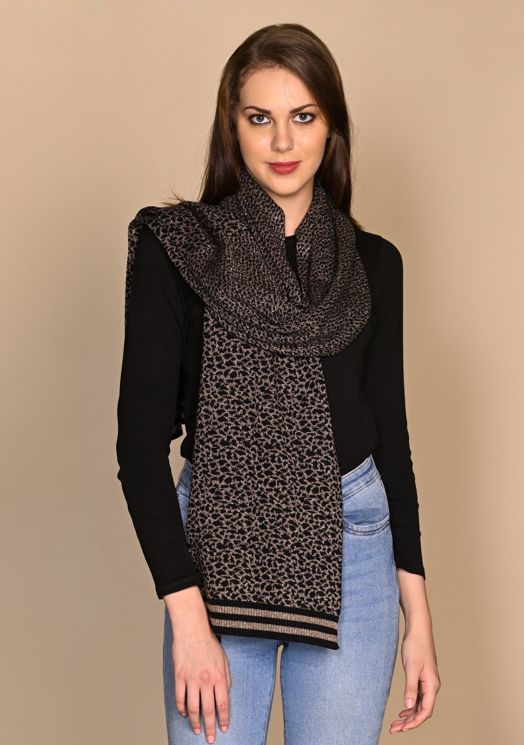 Black & Tobacco Brown Cotton & Viscose Leopard Jacquard 
Scarf Black & Tobacco Brown Lurex Stripes