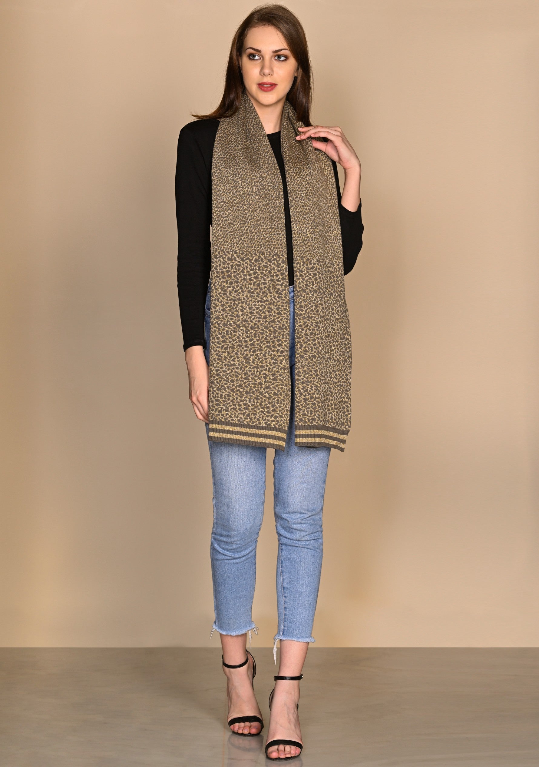 Dk. Olive & Frappe Cotton & Viscose Leopard Jacquard Scarf
 Dk. Olive & Frappe