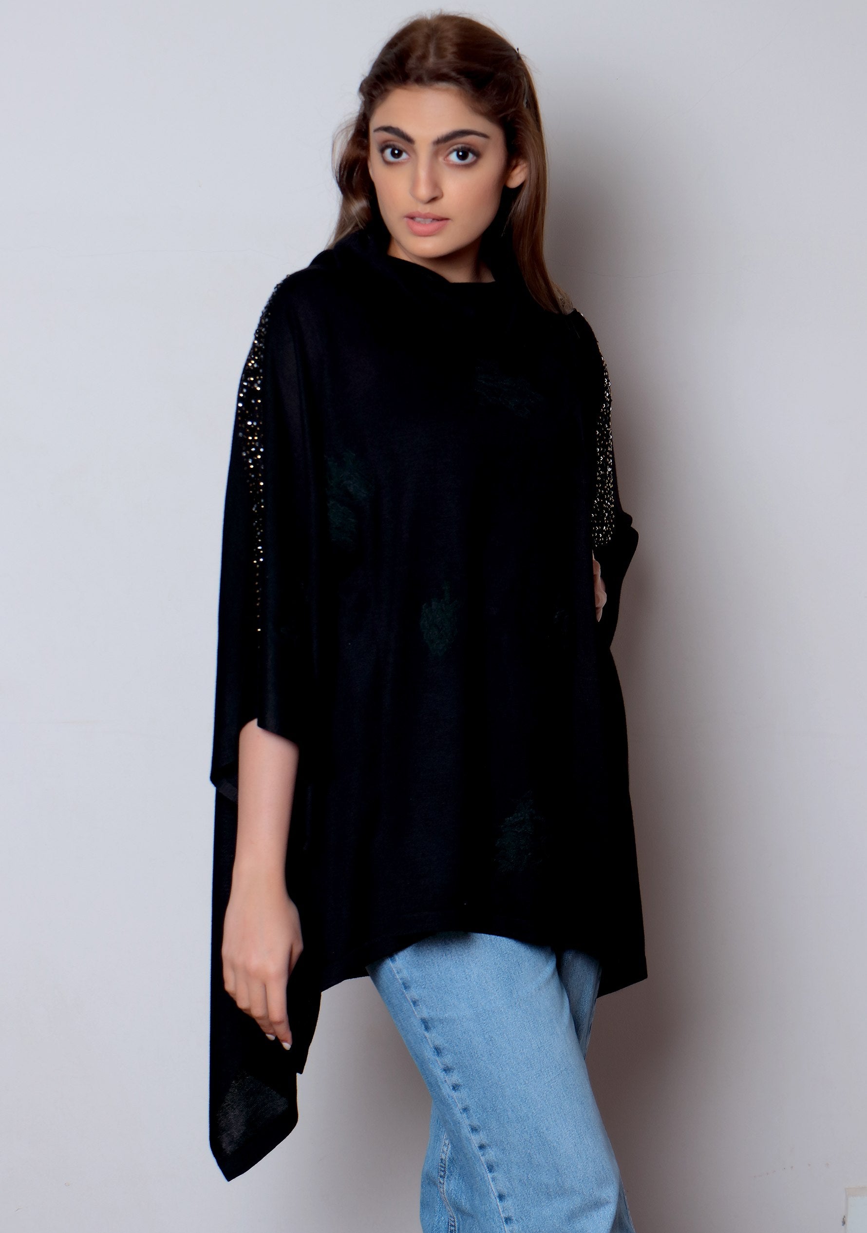 Black Bamboo Poncho Black Lace & Multi-Colored Crystals