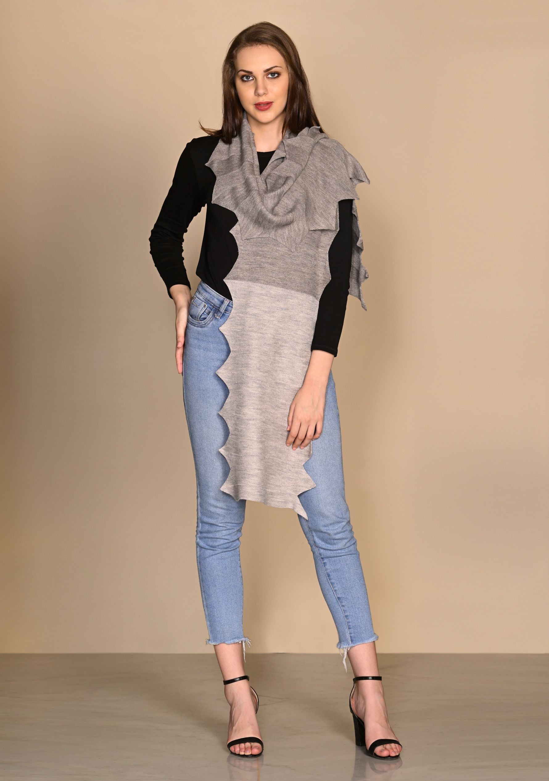 Taupe & Lt. Gray Melange Wool Zig Zag Scarf