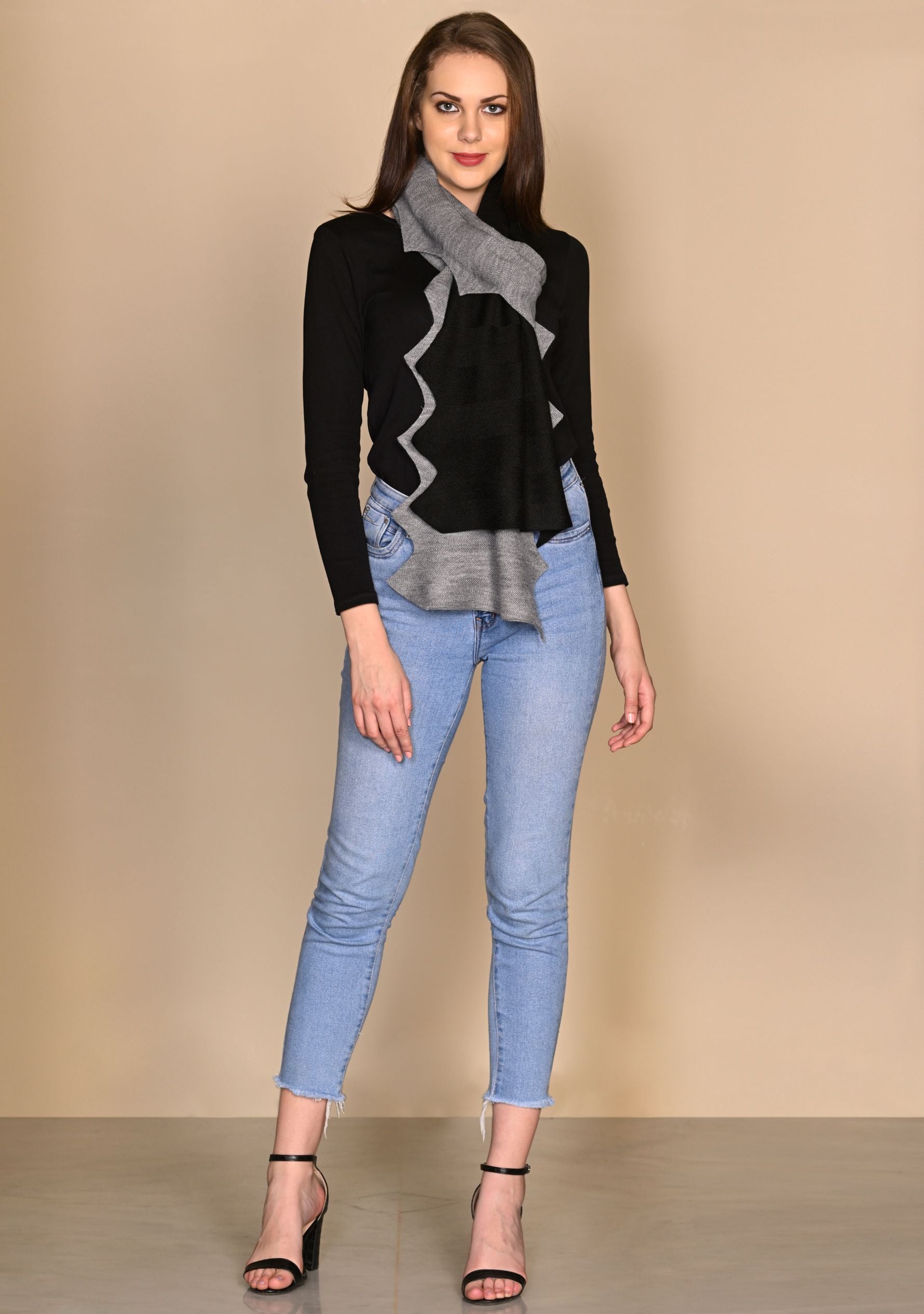 Gray Melange & Black Wool Zig Zag Scarf